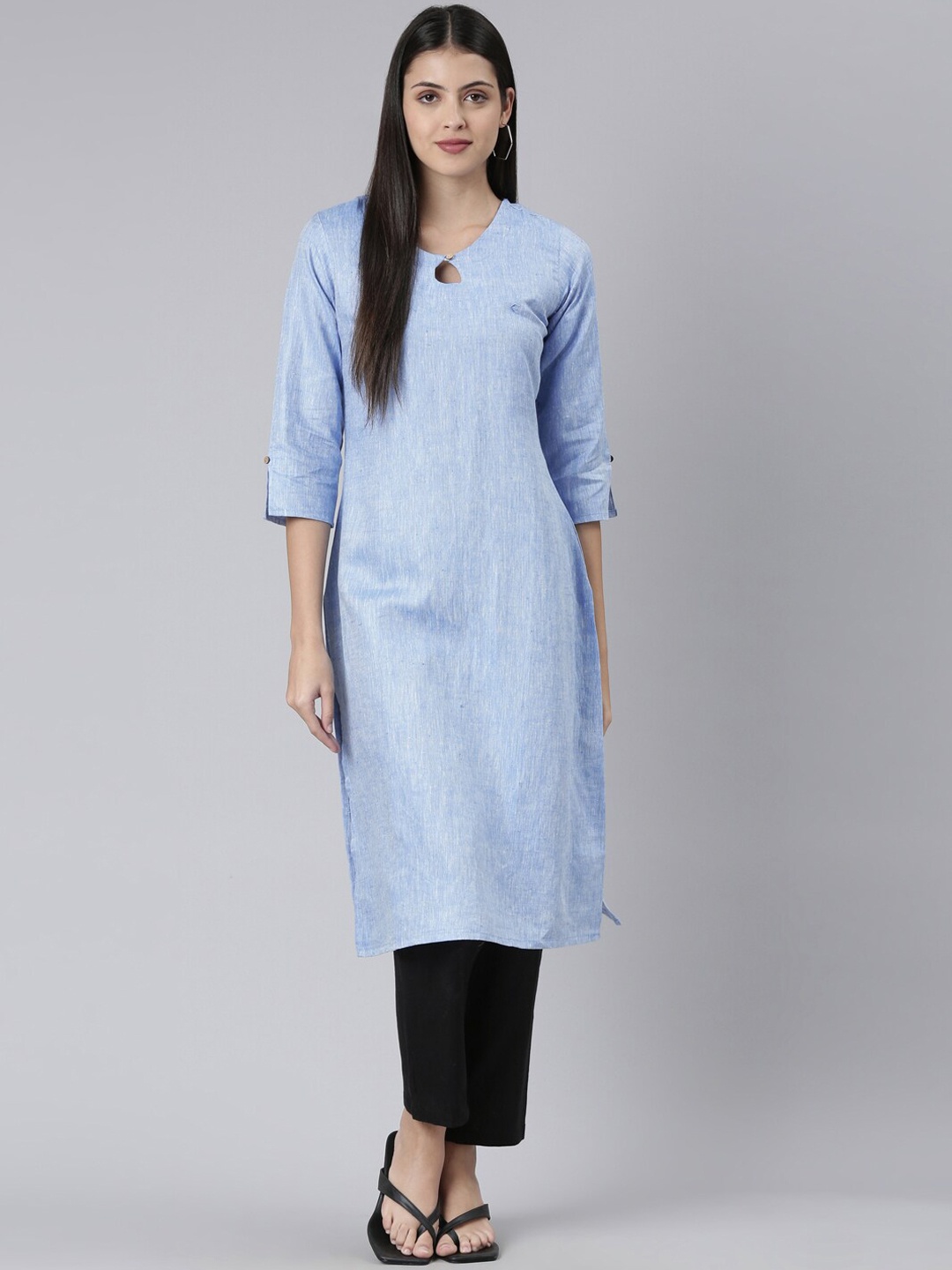 

Ecentric Hemp Keyhole Neck Kurta with Trousers, Blue