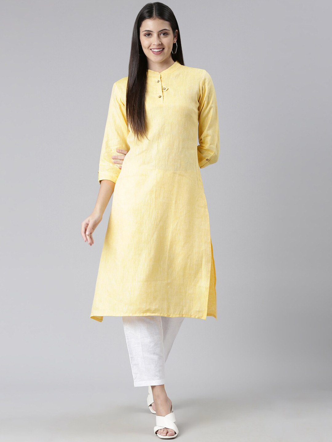 

Ecentric Women Hemp Kurta with Trousers, Yellow