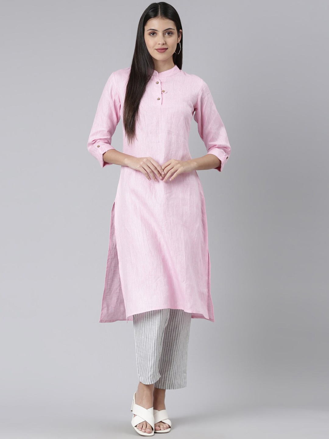 

Ecentric Mandarin Collar Hemp Kurta with Trousers, Pink
