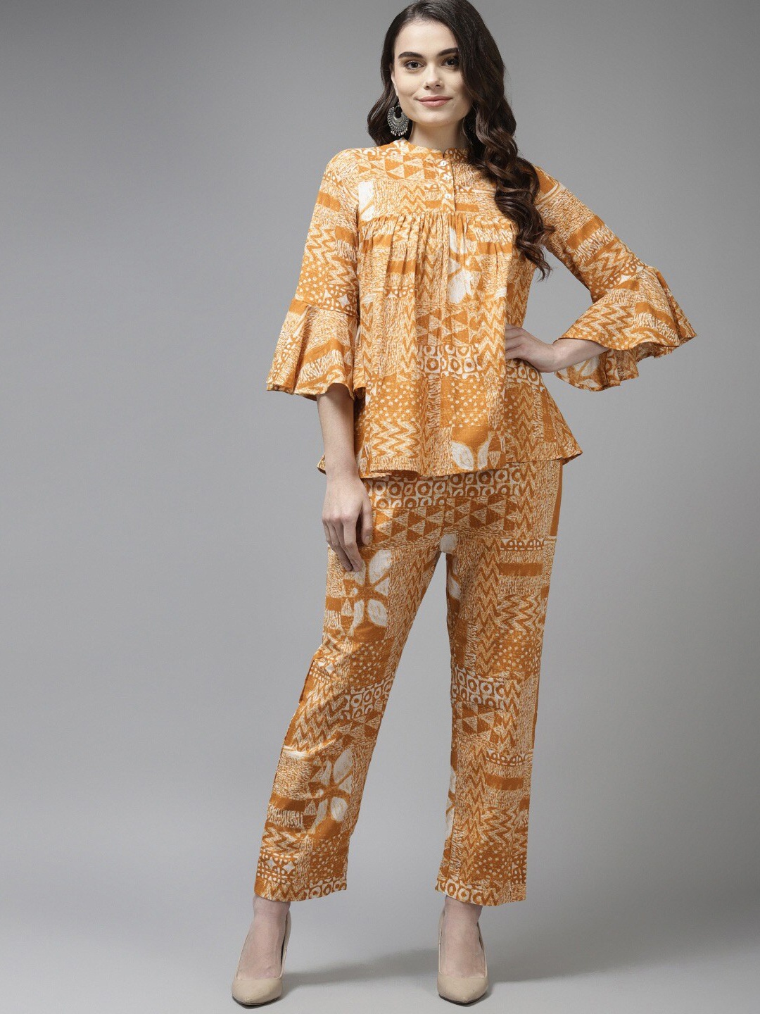 

Amirah s Women Printed Pure Cotton Top with Trousers, Mustard