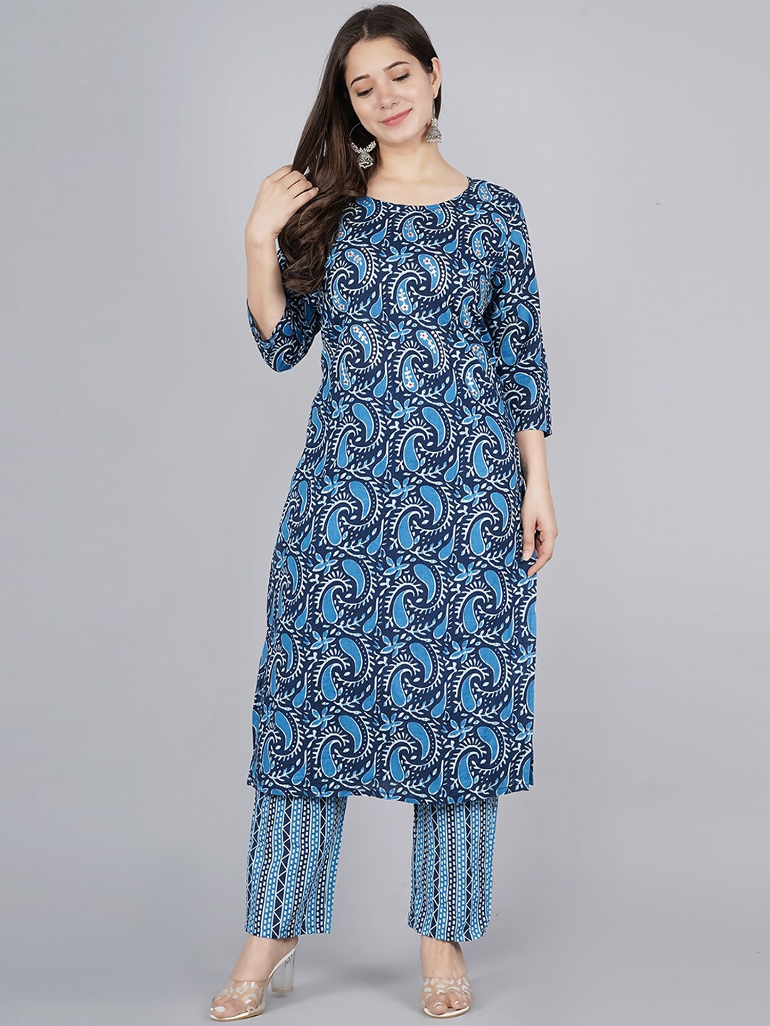 

KALINI Ethnic Motifs Printed Pure Cotton Kurta with Trousers & Dupatta, Blue