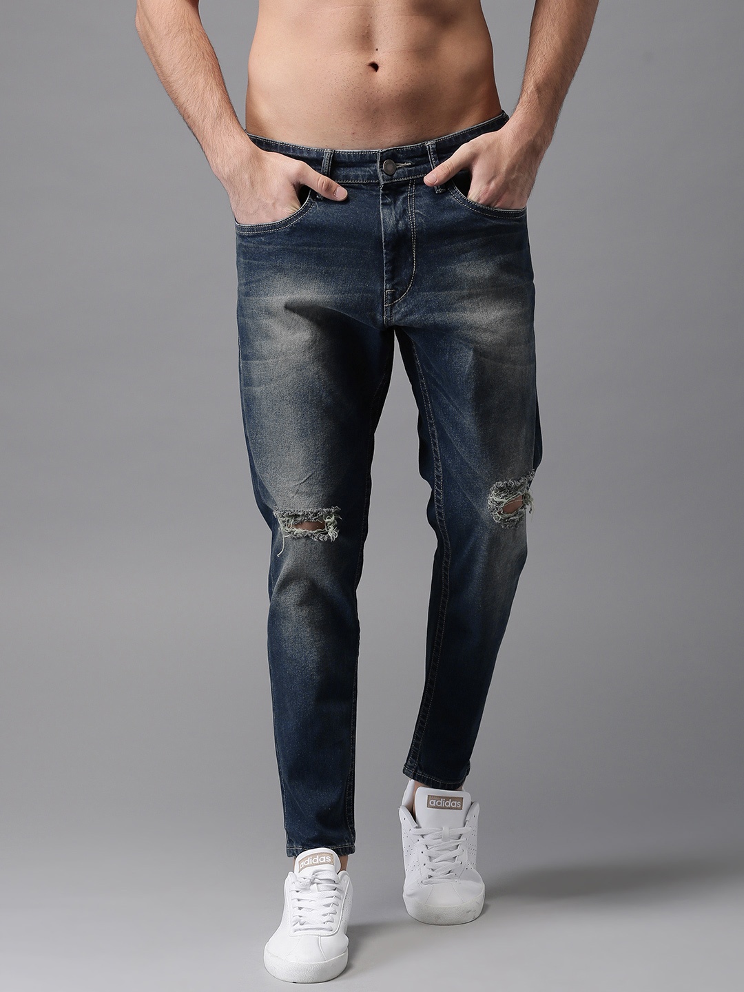 

HERE&NOW Men Blue Slim Fit Mid-Rise Mildly Distressed Cropped Jeans