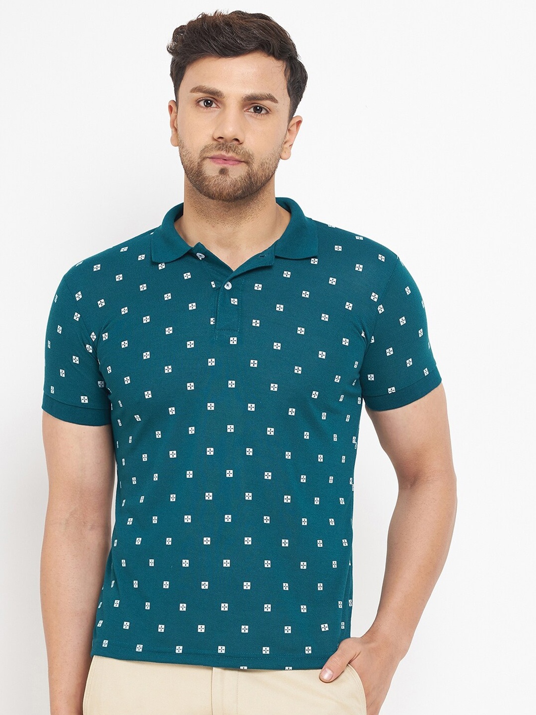 

THE MILLION CLUB Men Teal Printed Polo Collar Cotton T-shirt