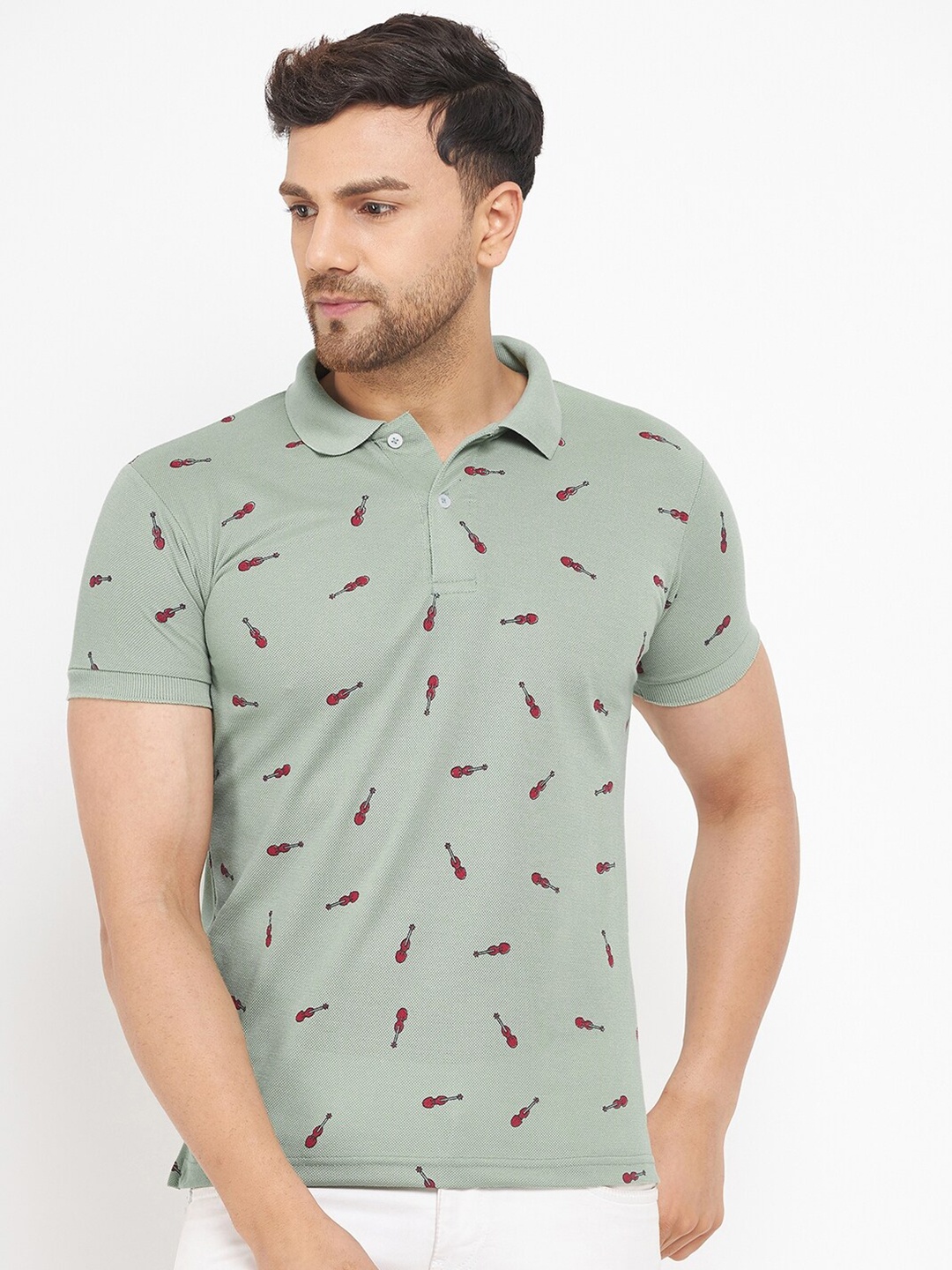 

THE MILLION CLUB Men Printed Polo Collar Cotton T-shirt, Sea green