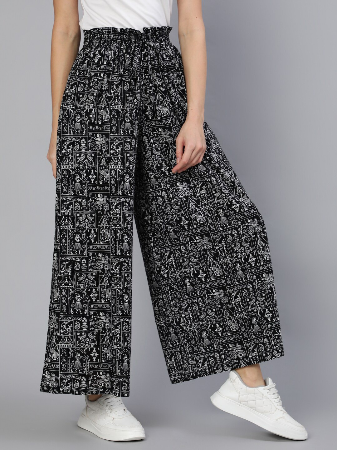 

Nayo Women Ethnic Motifs Printed Georgette Palazzos, Black