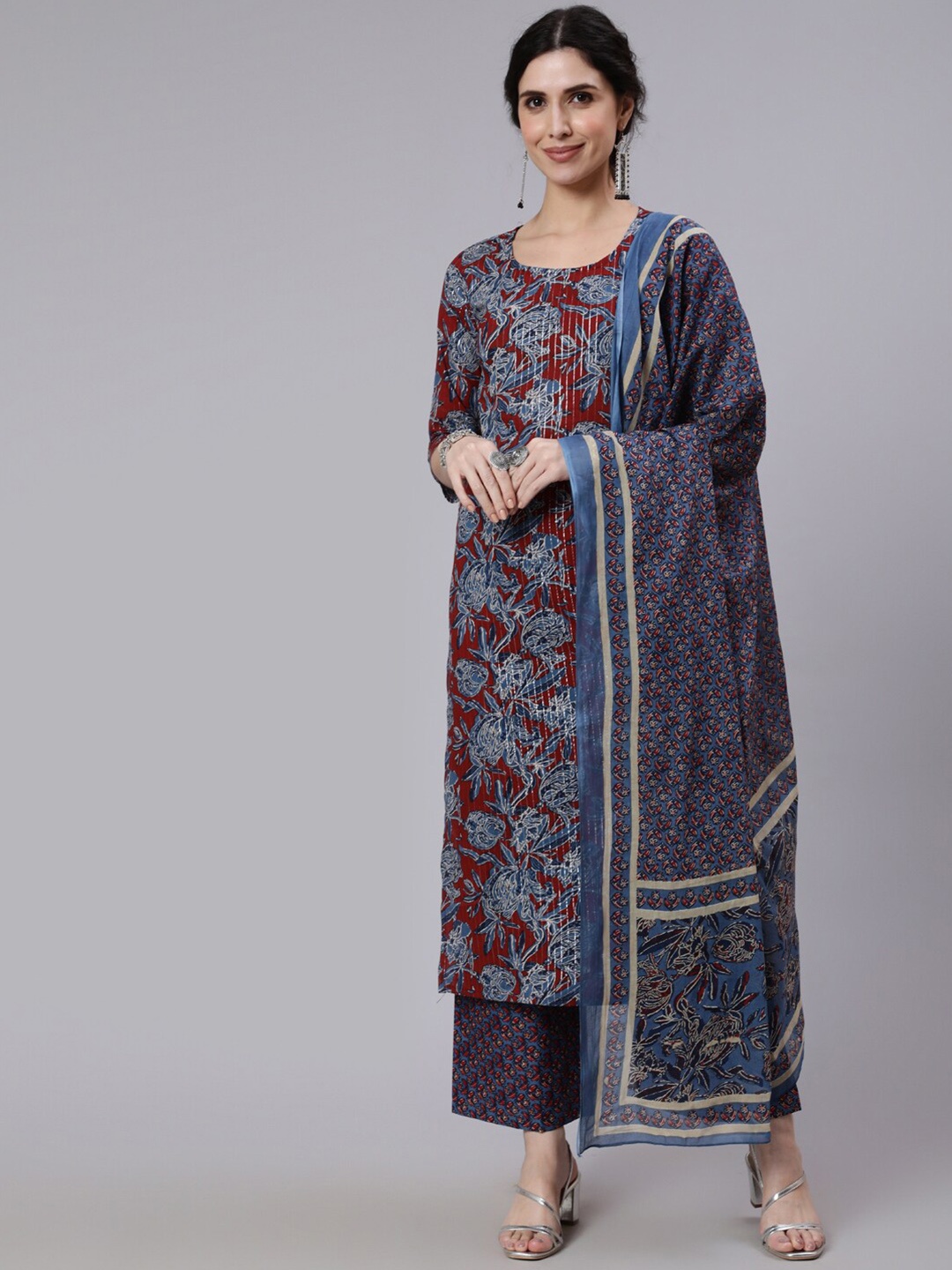 

Nayo Floral Printed Pure Cotton Kurta with Palazzos & Dupatta, Maroon