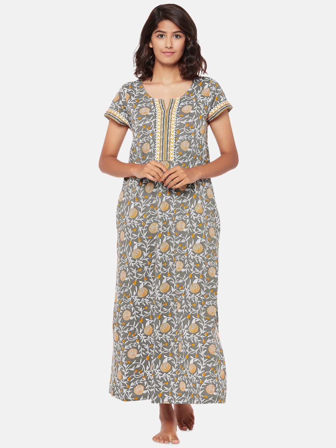 

RANGMANCH BY PANTALOONS Women Printed Pure Cotton Maxi Nightdress, Charcoal
