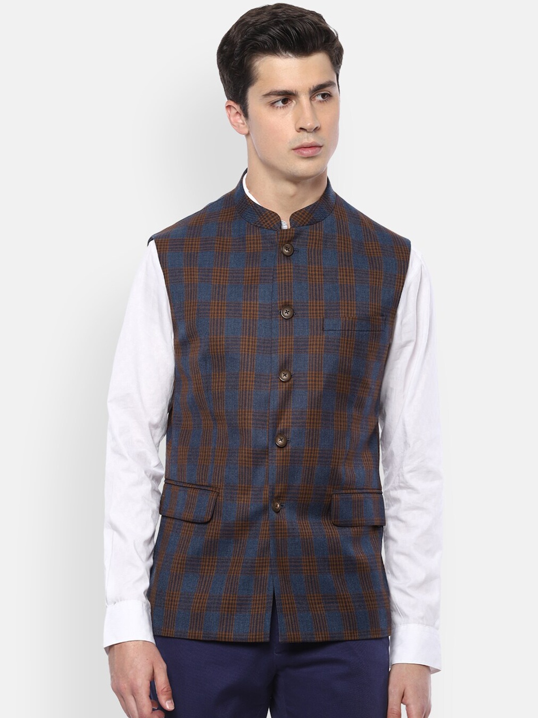 

Van Heusen Men Woven Checked Wool Blend Nehru Jacket, Navy blue