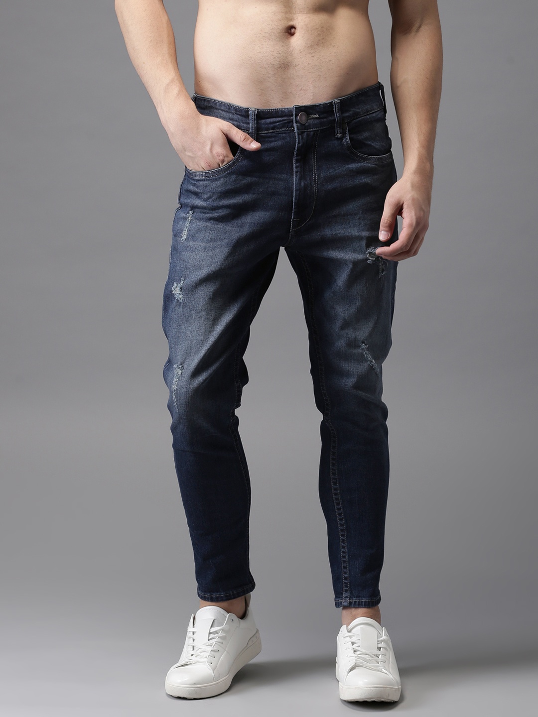 

HERE&NOW Men Blue Slim Fit Mid-Rise Mildly Distressed Stretchable Cropped Jeans