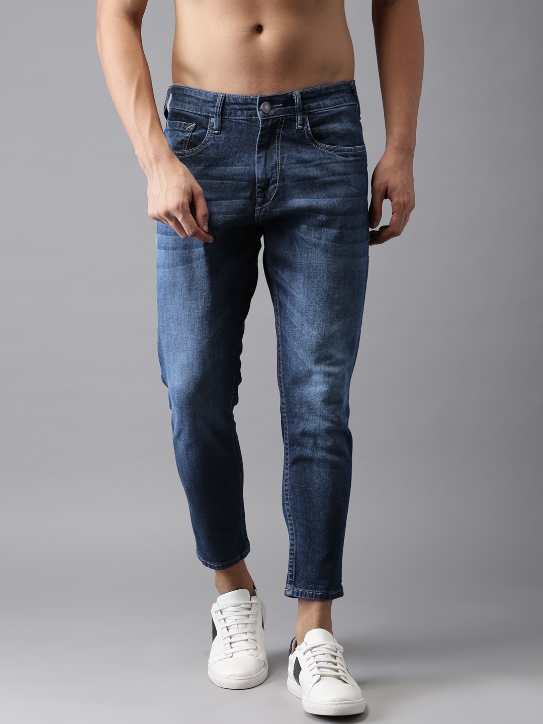 

HERE&NOW Men Blue Tapered Fit Mid-Rise Clean Look Stretchable Cropped Jeans