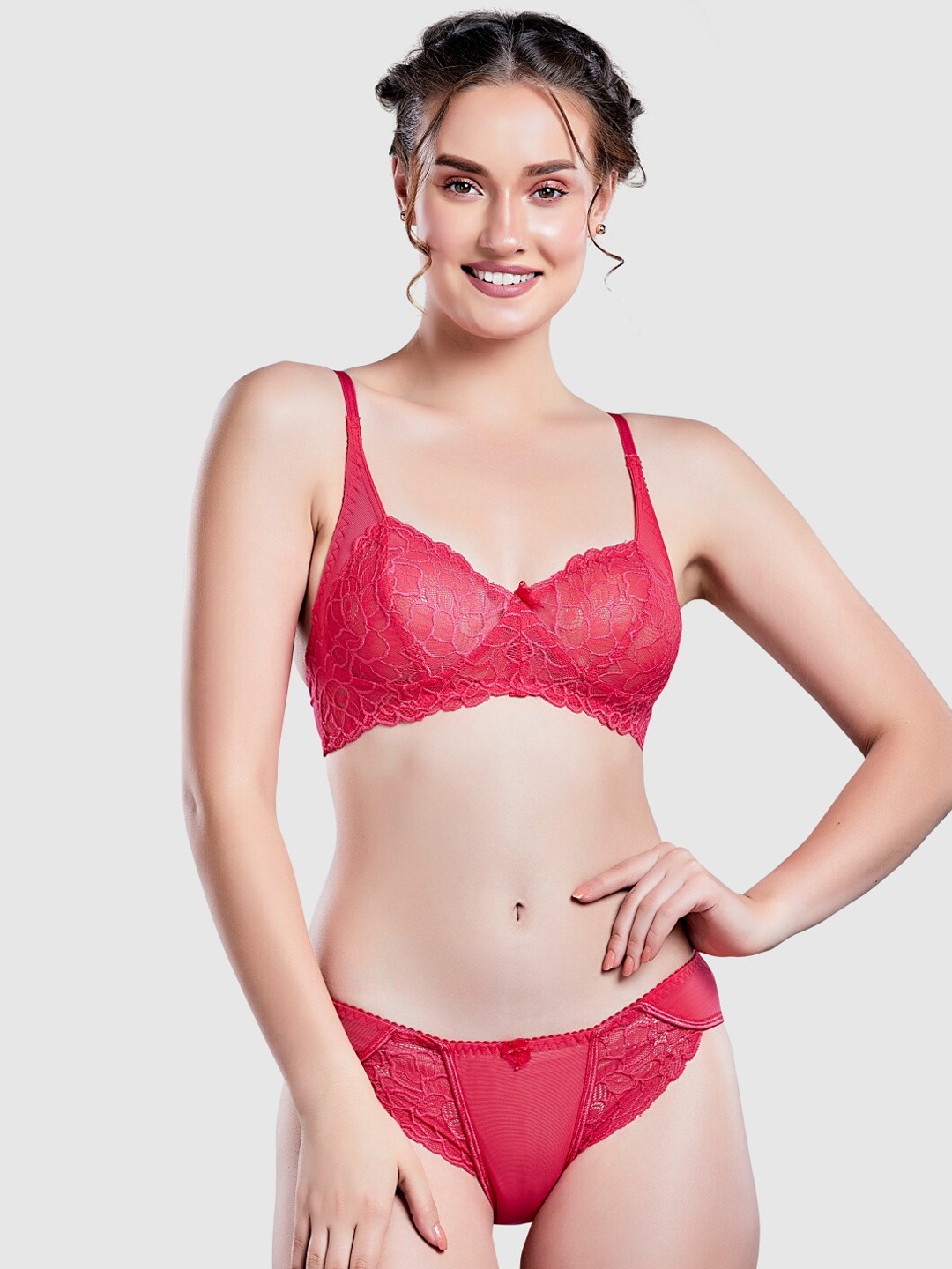 

Lady Love Self-Design Lace Lingerie Set LLSET9055, Red