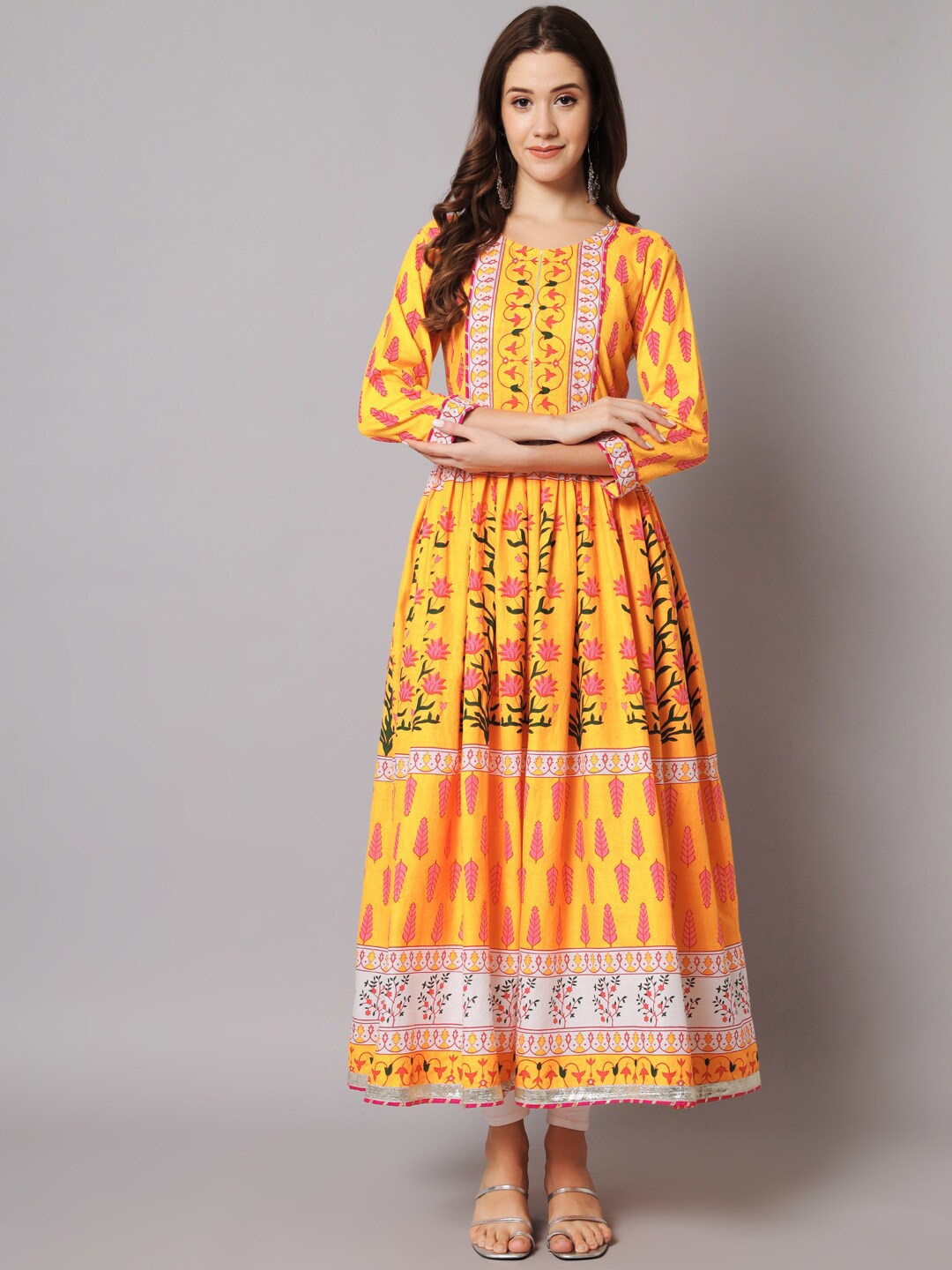 

NITVAN Women Ethnic Motifs Printed Cotton Anarkali Ethnic Dress, Yellow