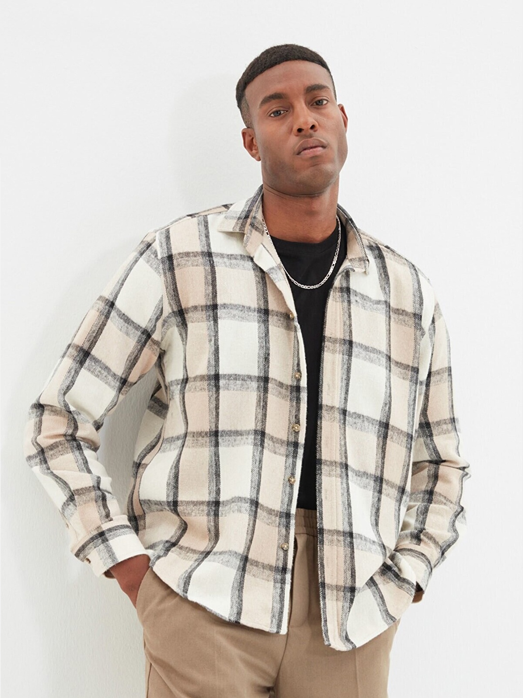 

Trendyol Men Windowpane Checked Casual Cotton Shirt, Off white