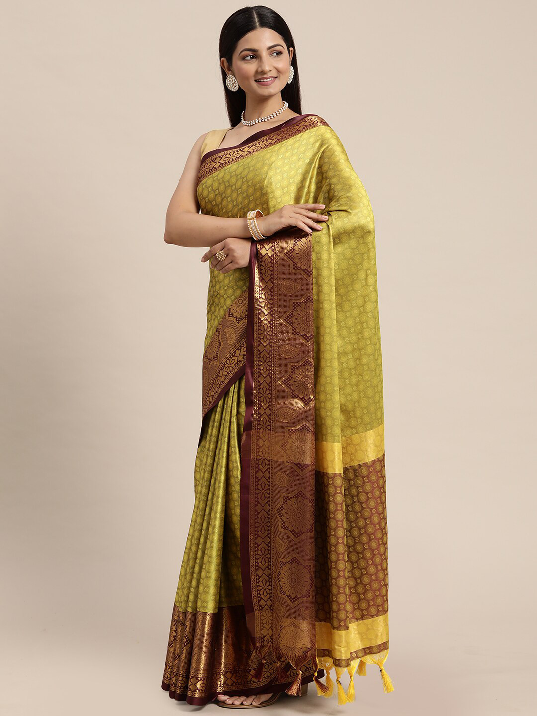 

WILORI Woven Design Zari Silk Cotton Kanjeevaram Saree, Yellow