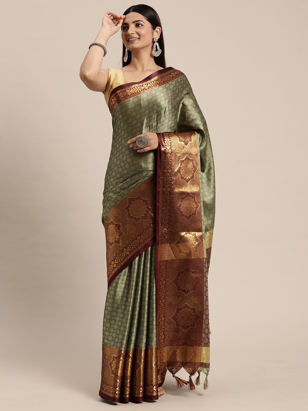 

WILORI Ethnic Motifs Woven design Zari Bordered Kanjeevaram Saree, Olive