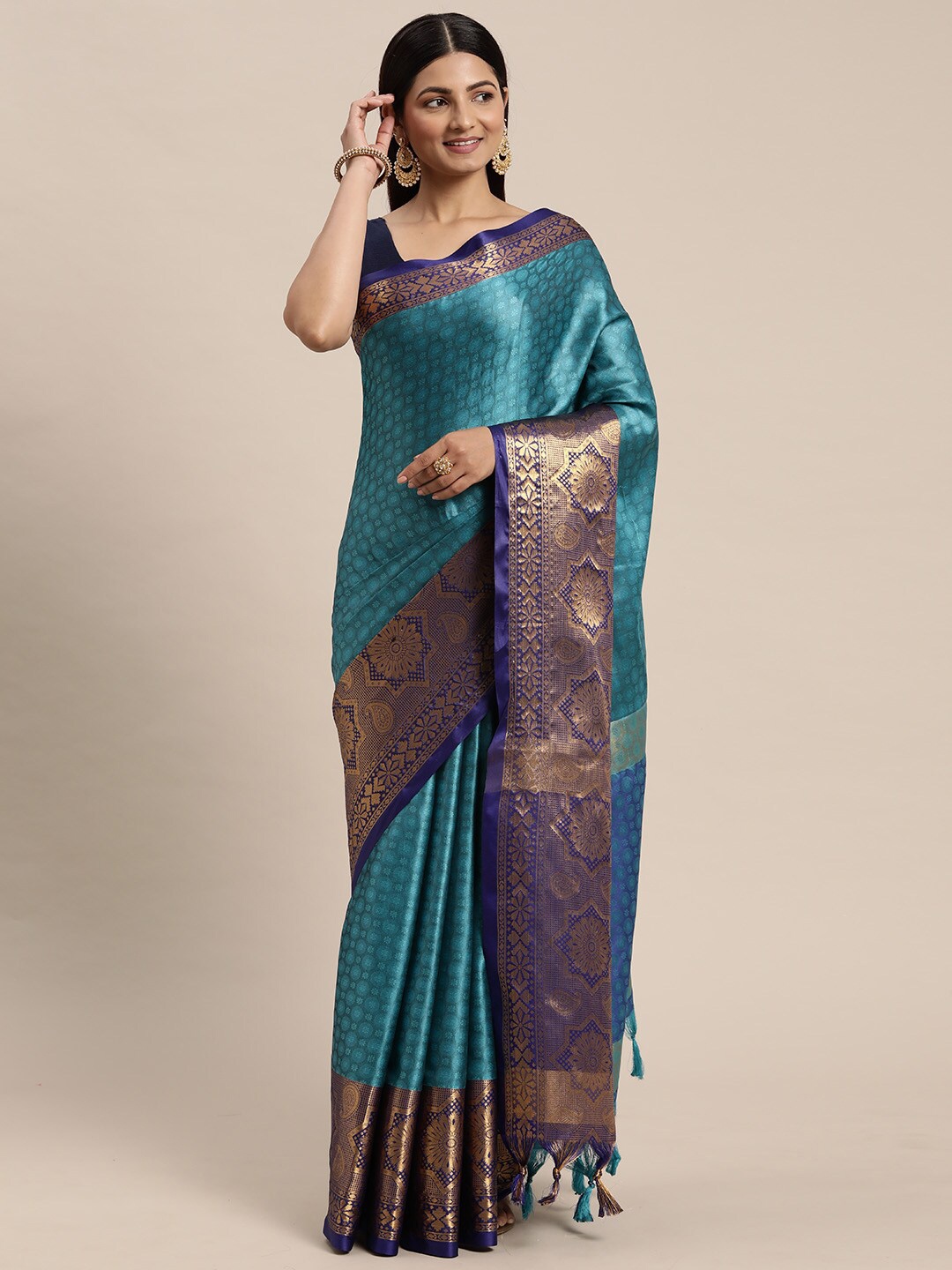 

WILORI Woven Design Zari Silk Cotton Kanjeevaram Saree, Blue