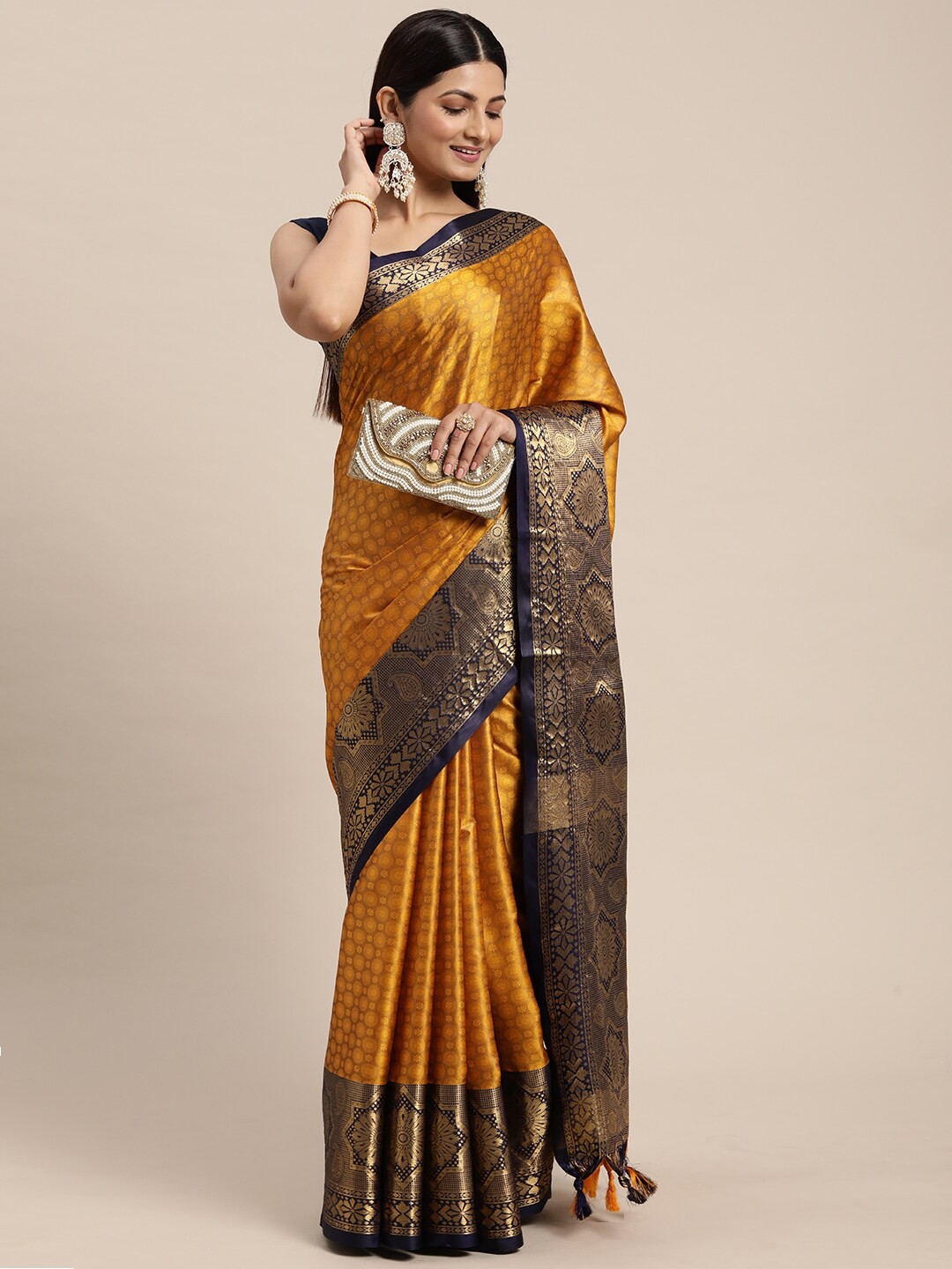 

WILORI Ethnic Motifs Zari Silk Cotton Kanjeevaram Saree, Mustard