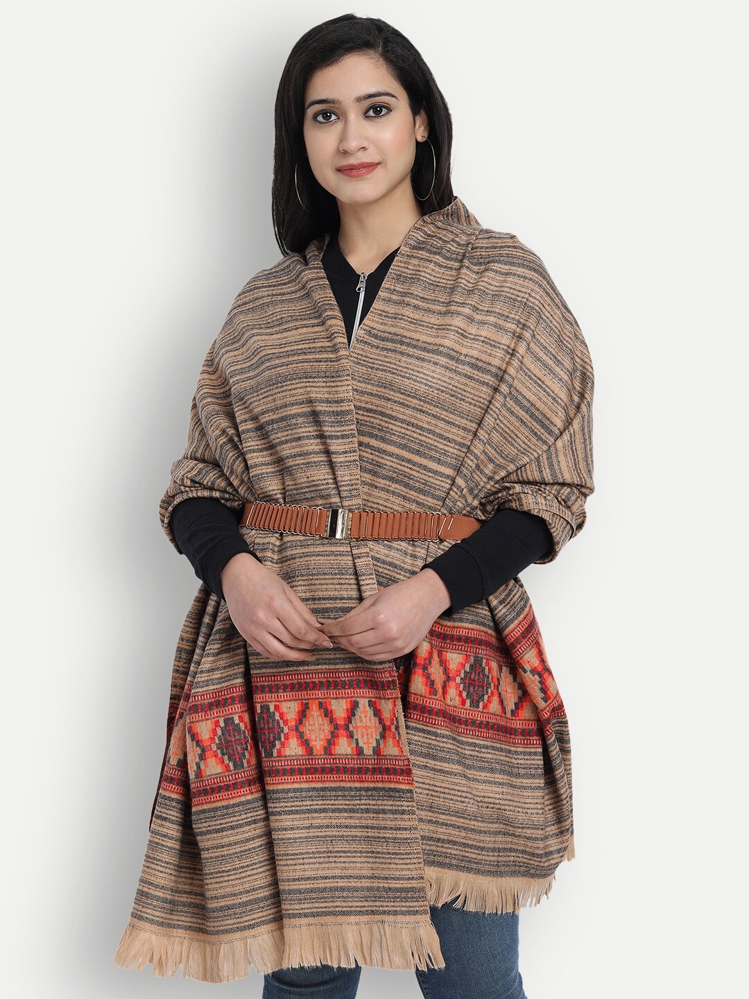 

Zamour Women Woven Design Kullu Acrylic Shawl, Brown
