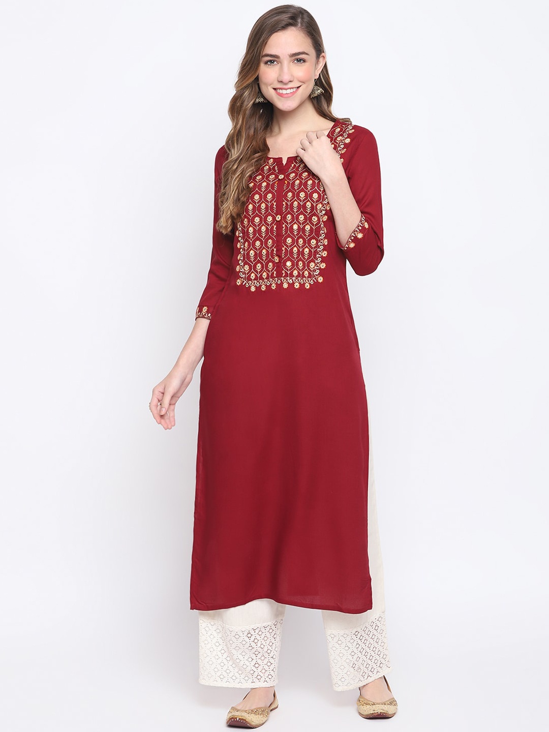 

FASHION DEPTH Women Ethnic Motifs Yoke Design Thread Work Kurta, Maroon