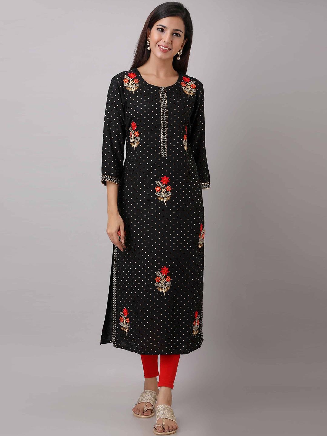 

FASHION DEPTH Women Floral Embroidered Thread Work Kurta, Black