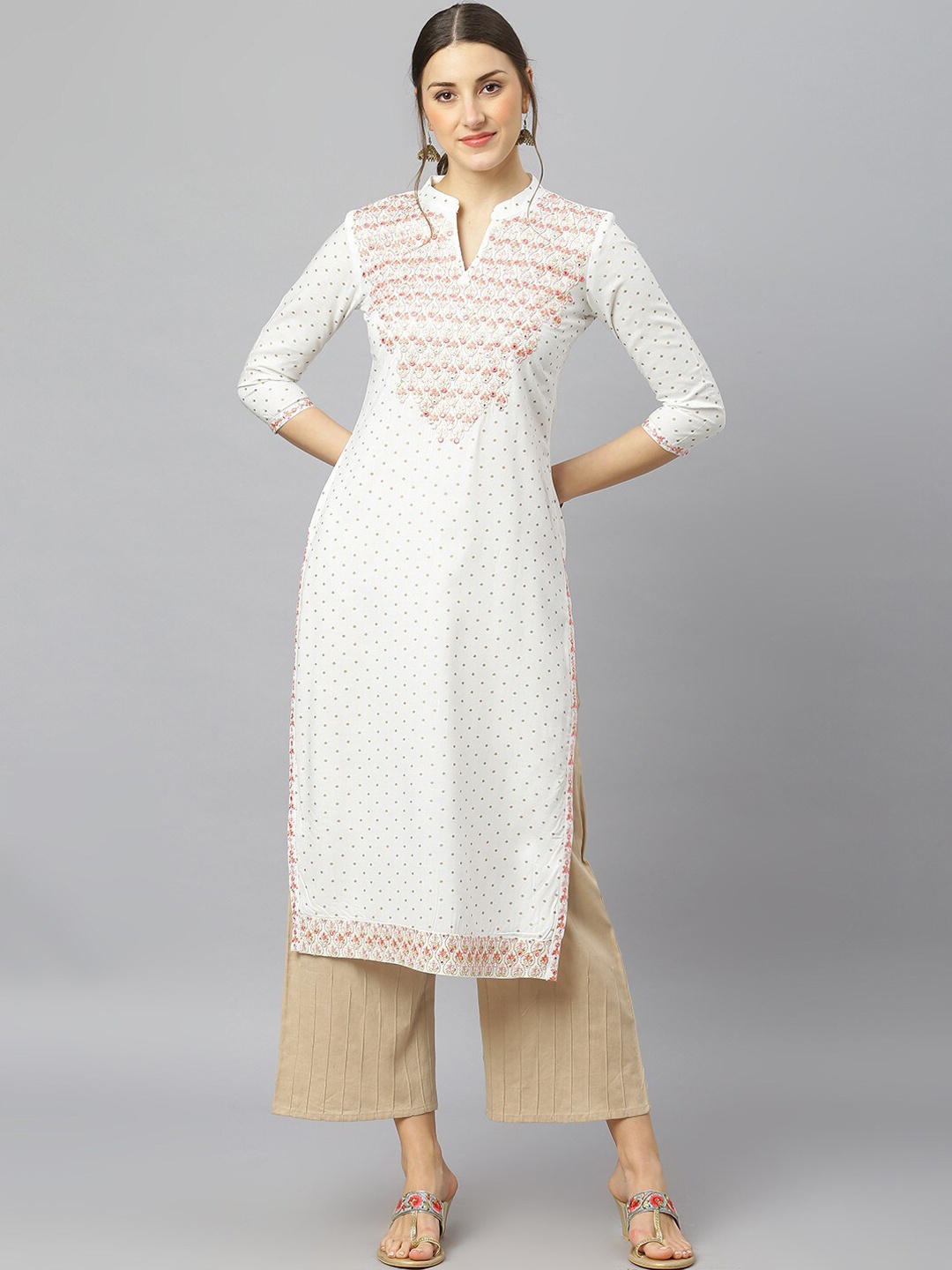 

FASHION DEPTH Women Ethnic Motifs Yoke Design Mirror Work Kurta, White