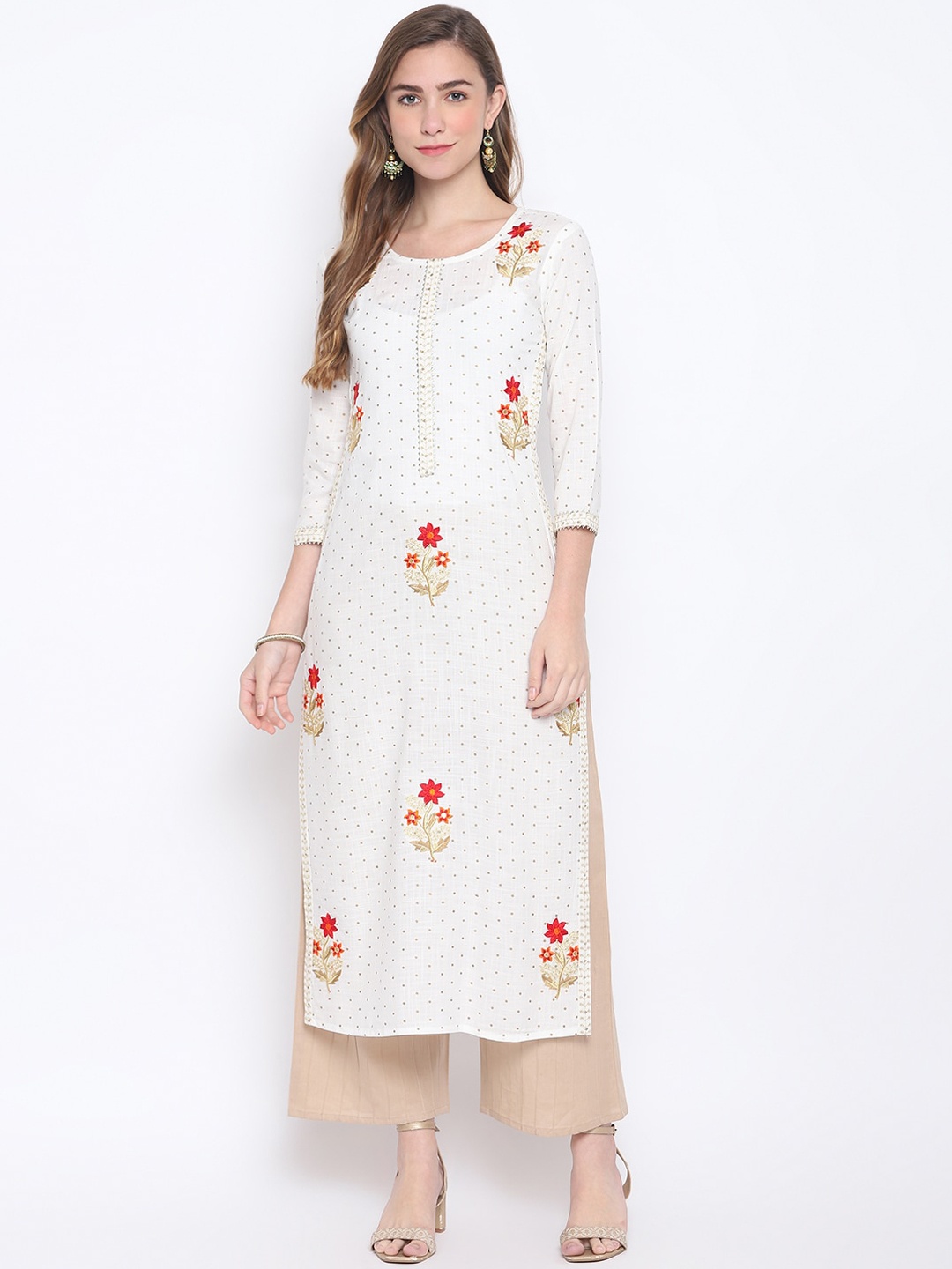 

FASHION DEPTH Women Floral Embroidered Thread Work Kurta, White