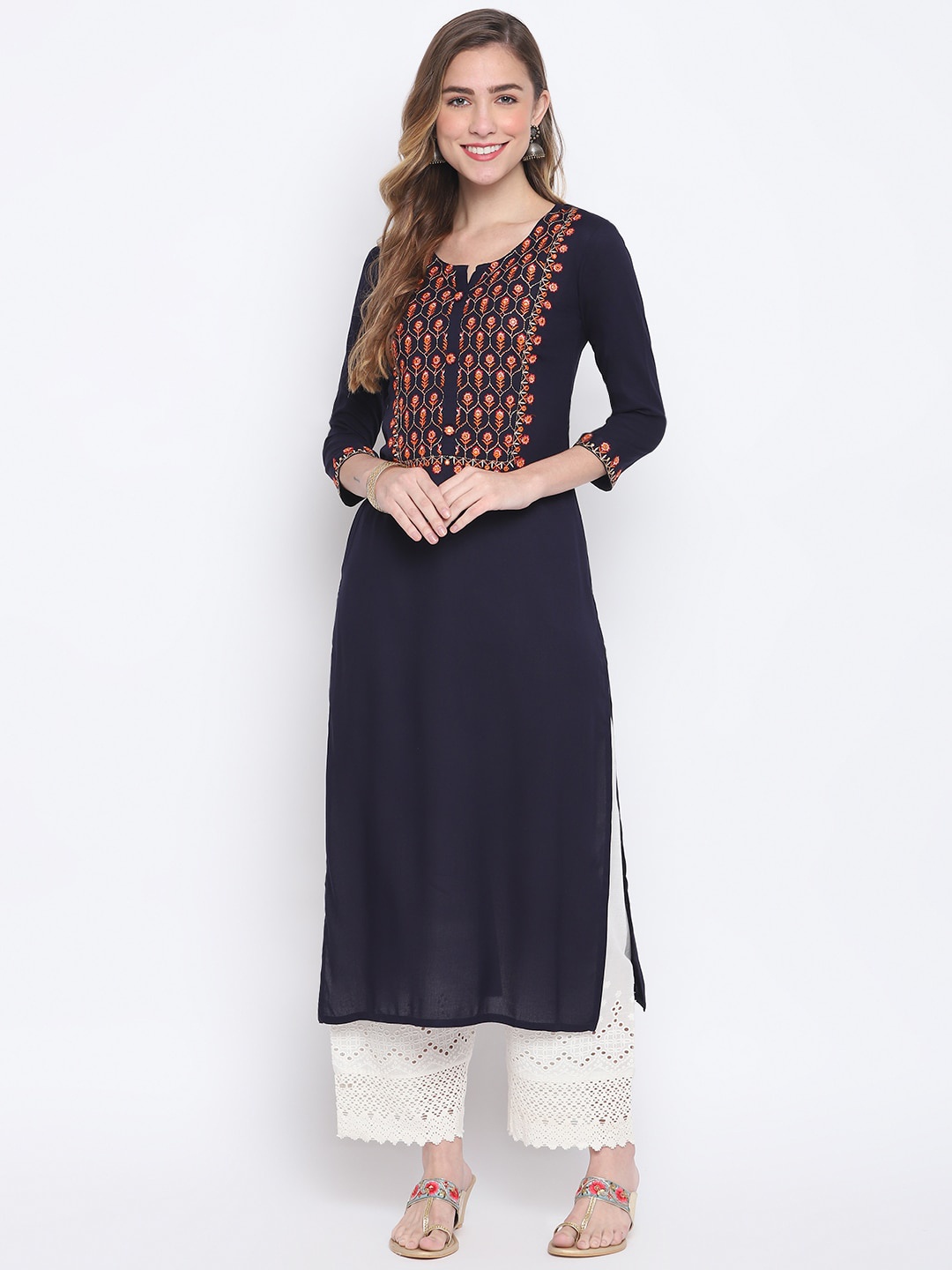 

FASHION DEPTH Women Ethnic Motifs Yoke Design Mirror Work Kurta, Navy blue