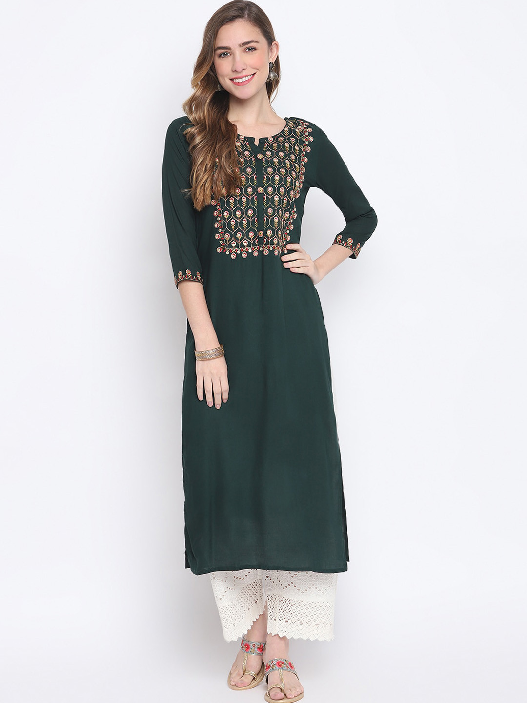 

FASHION DEPTH Women Ethnic Motifs Yoke Design Mirror Work Kurta, Green