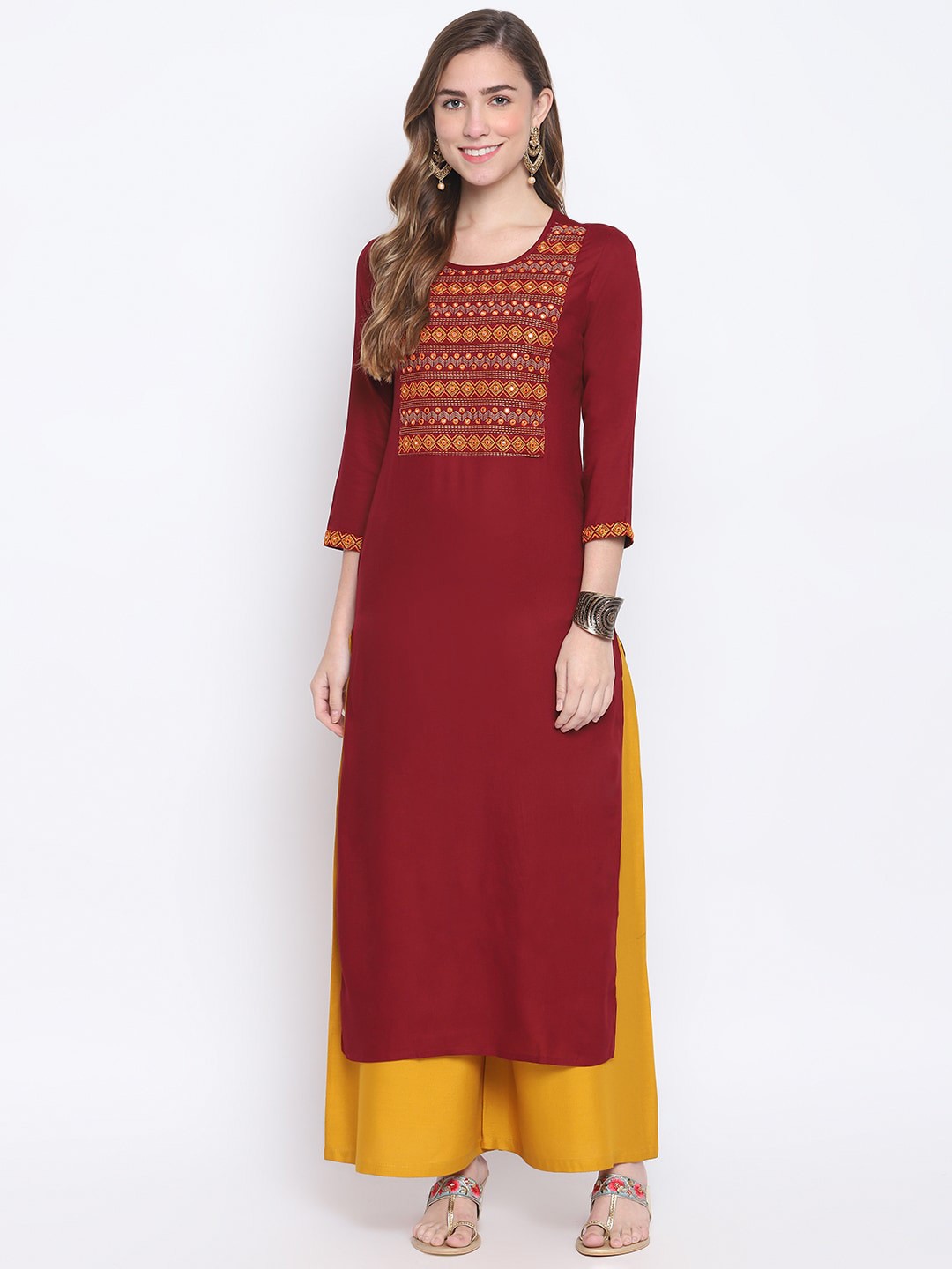 

FASHION DEPTH Women Ethnic Motifs Thread Work Indie Prints Kurta, Maroon