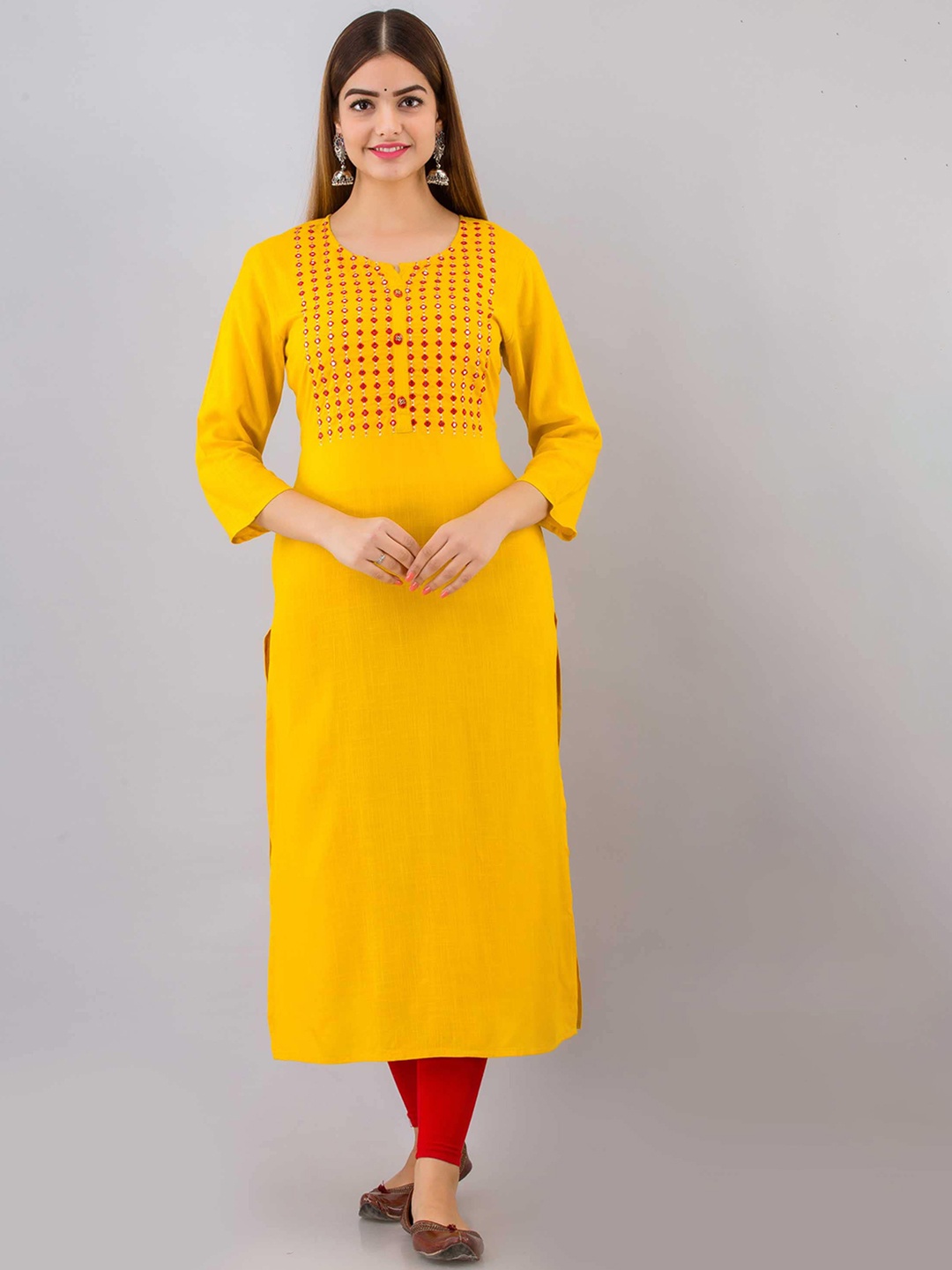 

FASHION DEPTH Women Geometric Embroidered Mirror Work Indie Prints Kurta, Yellow