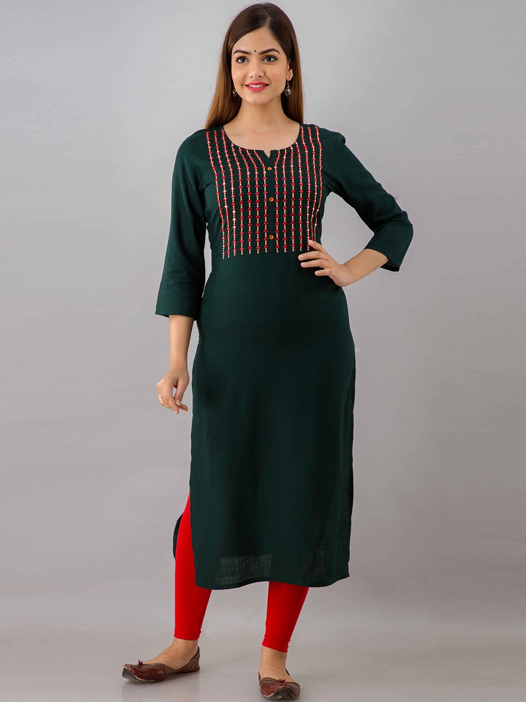 

FASHION DEPTH Women Geometric Yoke Design Mirror Work Indie Prints Kurta, Green