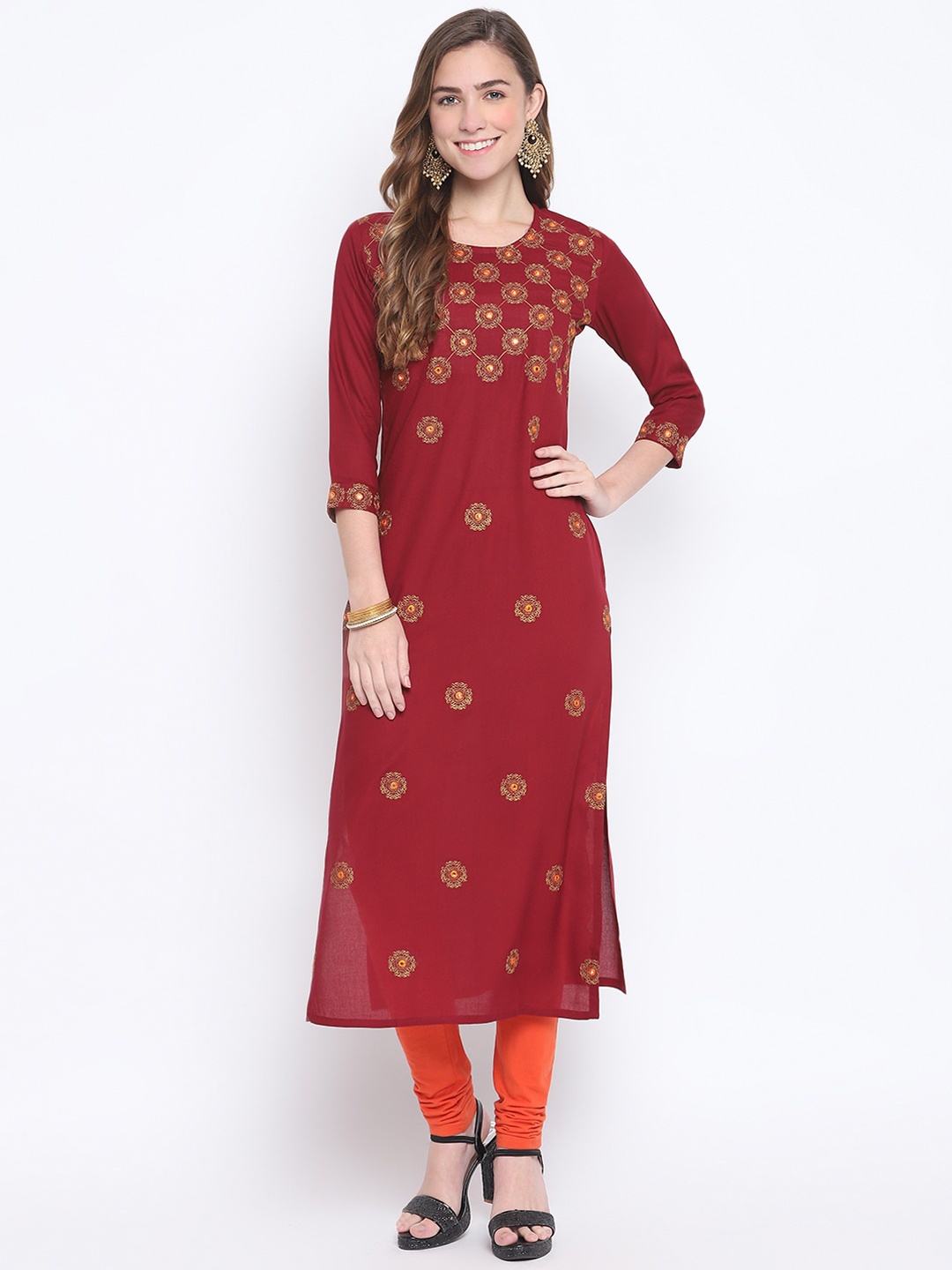 

FASHION DEPTH Women Ethnic Motifs Embroidered Thread Work Round Neck Kurta, Maroon