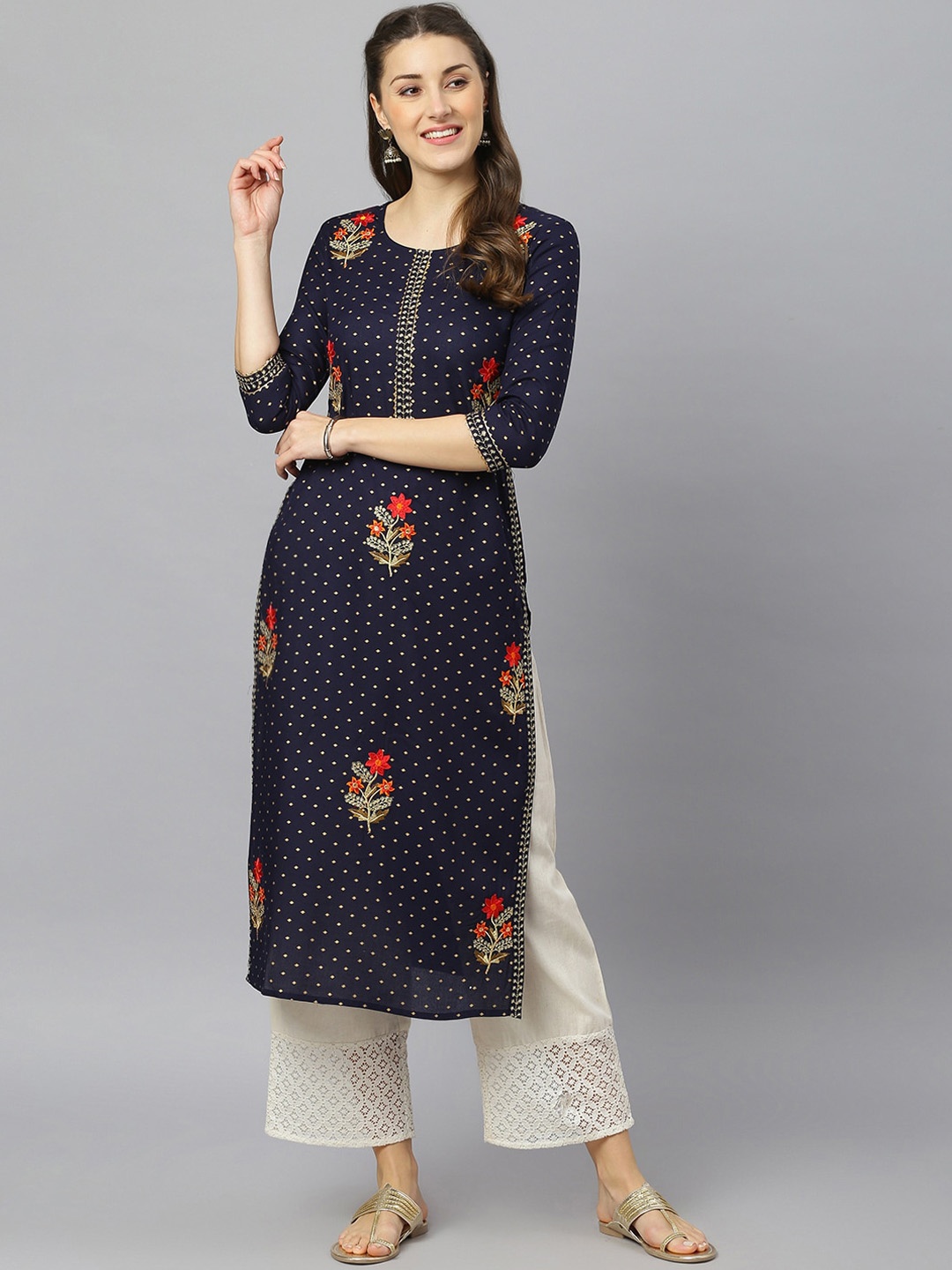 

FASHION DEPTH Floral Printed Thread Work Kurta, Blue