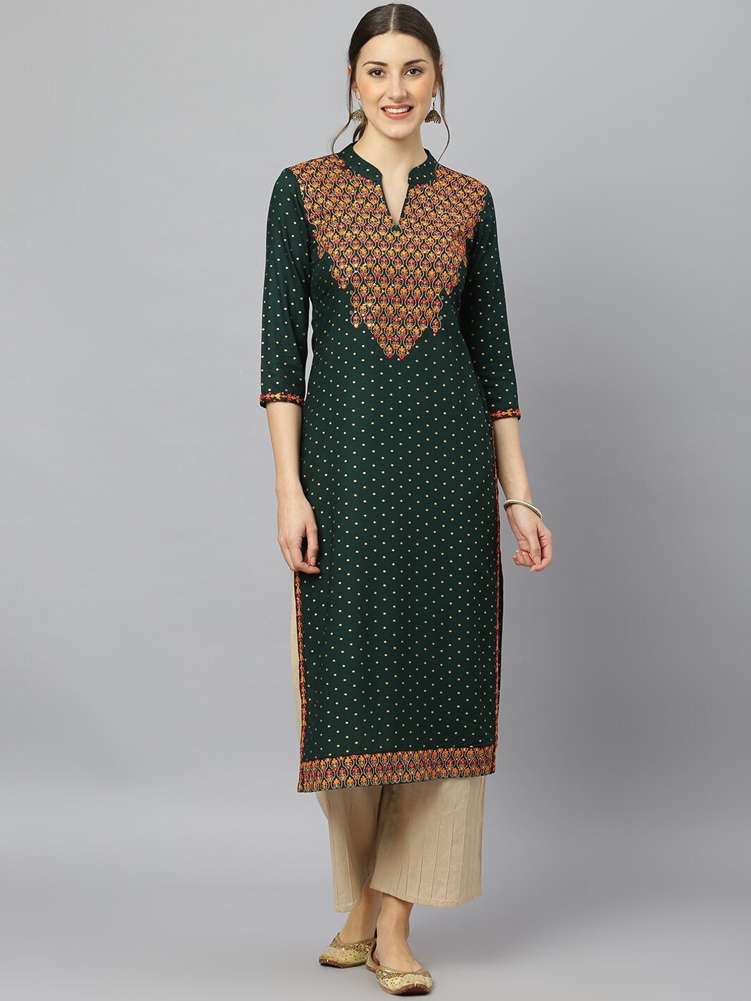 

FASHION DEPTH Ethnic Motifs Printed Mirror Work Kurta, Green