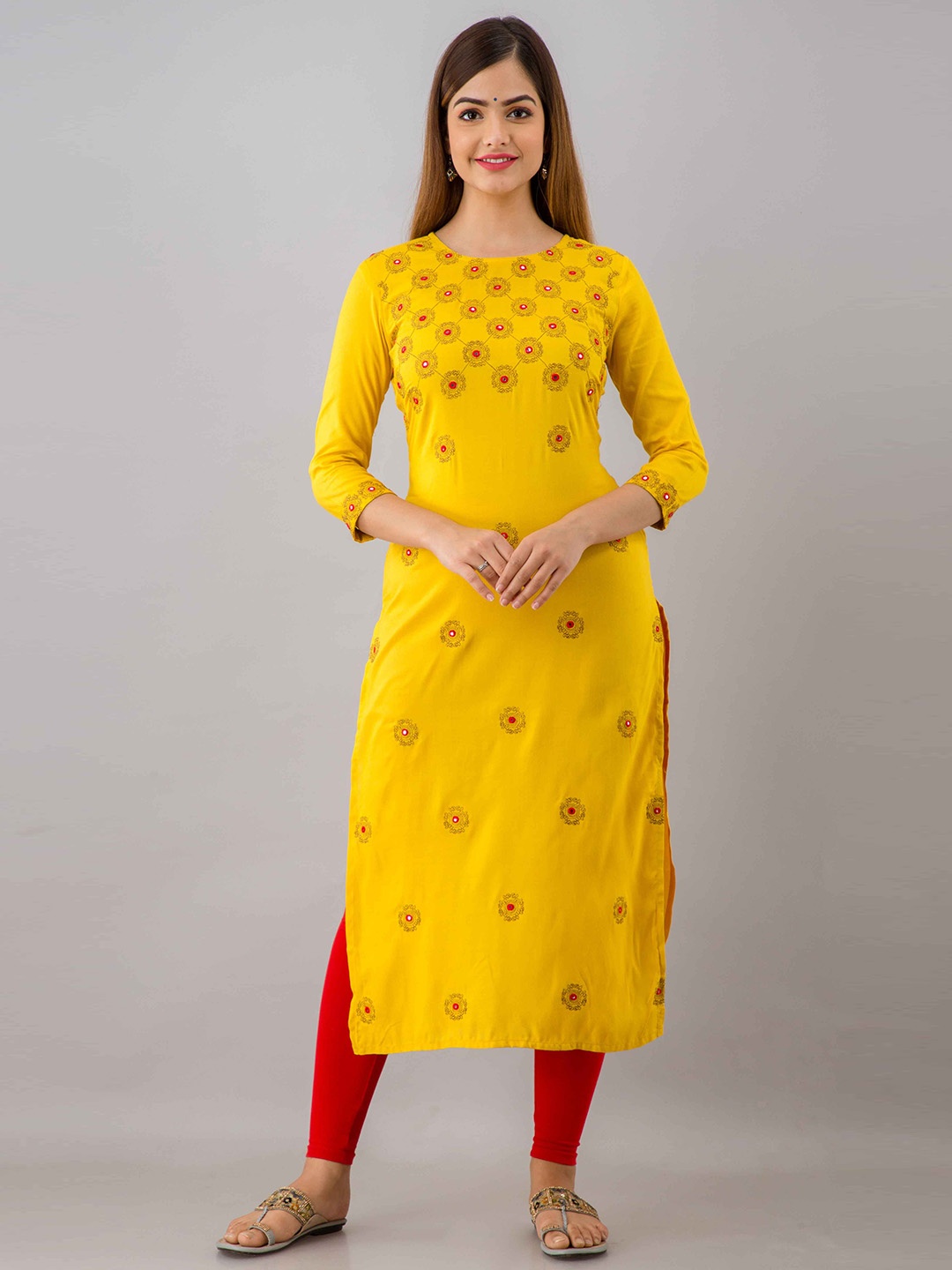 

FASHION DEPTH Ethnic Motifs Embroidered Mirror Work Kurta, Yellow