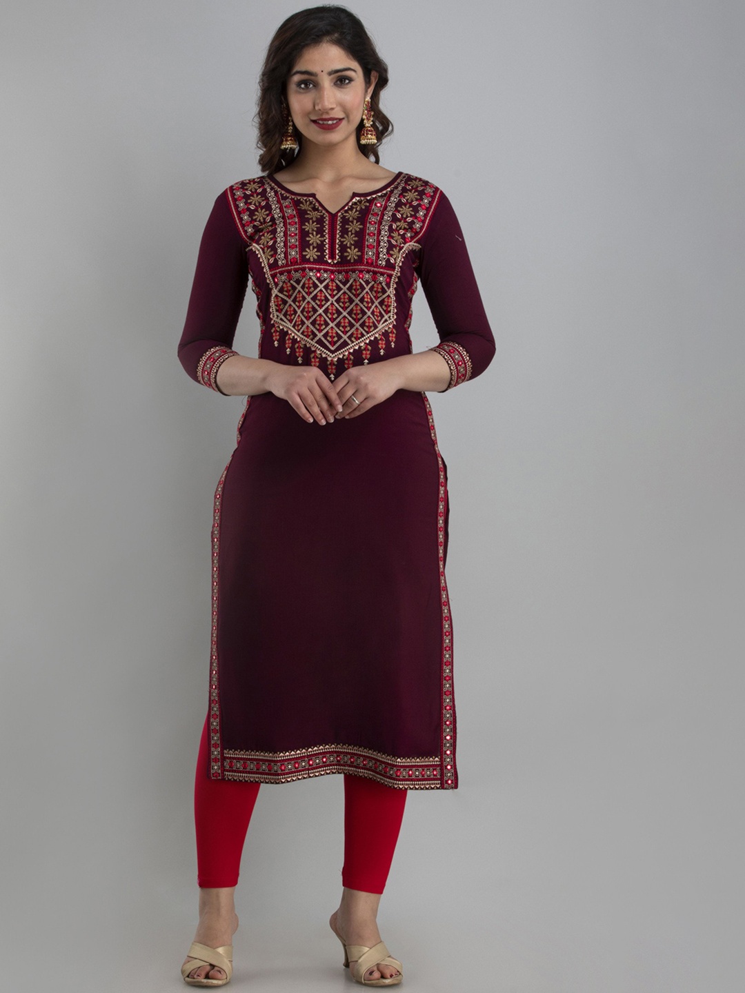 

FASHION DEPTH Ethnic Motifs Notched Neck Yoke Design Thread Work Kurta, Coffee brown