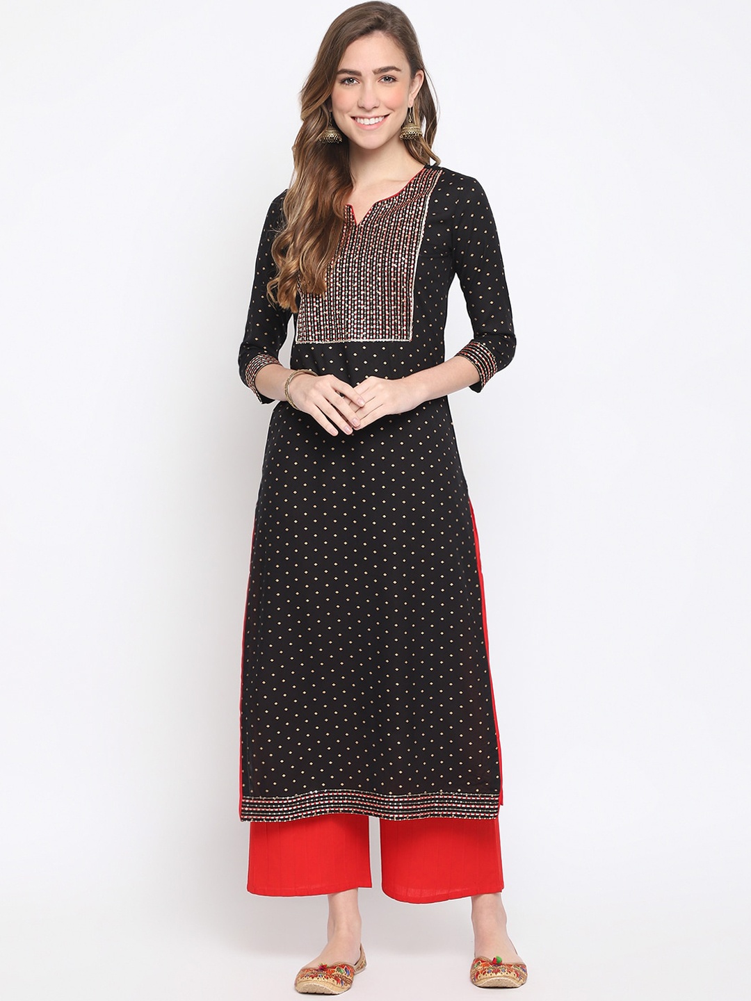 

FASHION DEPTH Women Ethnic Motifs Printed Notch Neck Kurta, Black