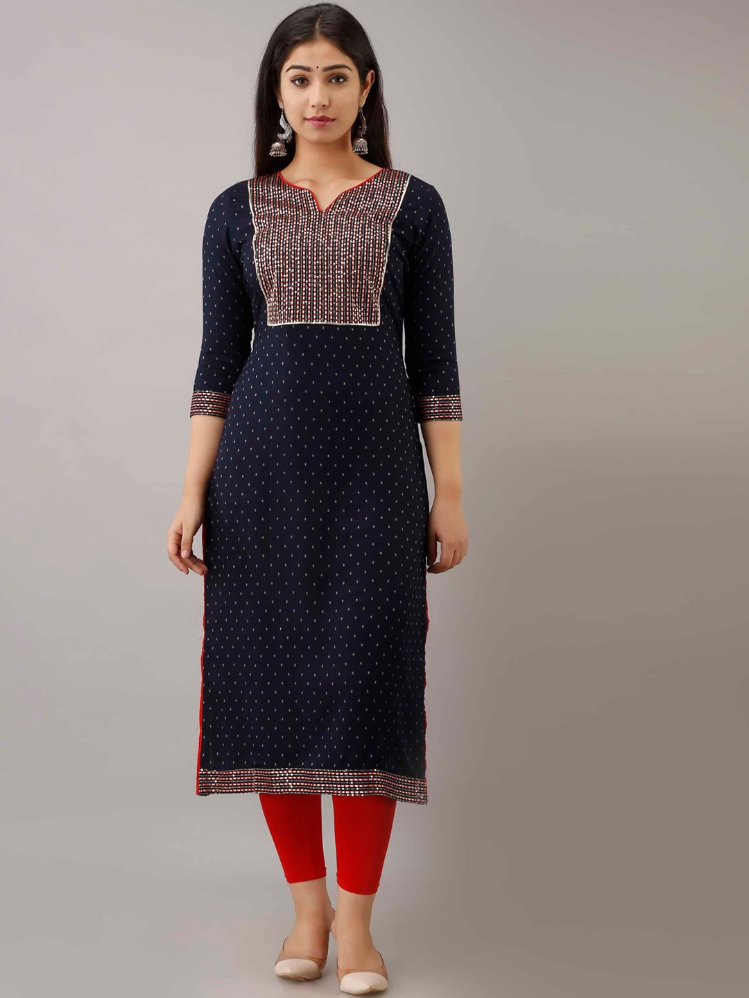 

FASHION DEPTH Women Ethnic Motifs Printed Notch Kurta, Navy blue