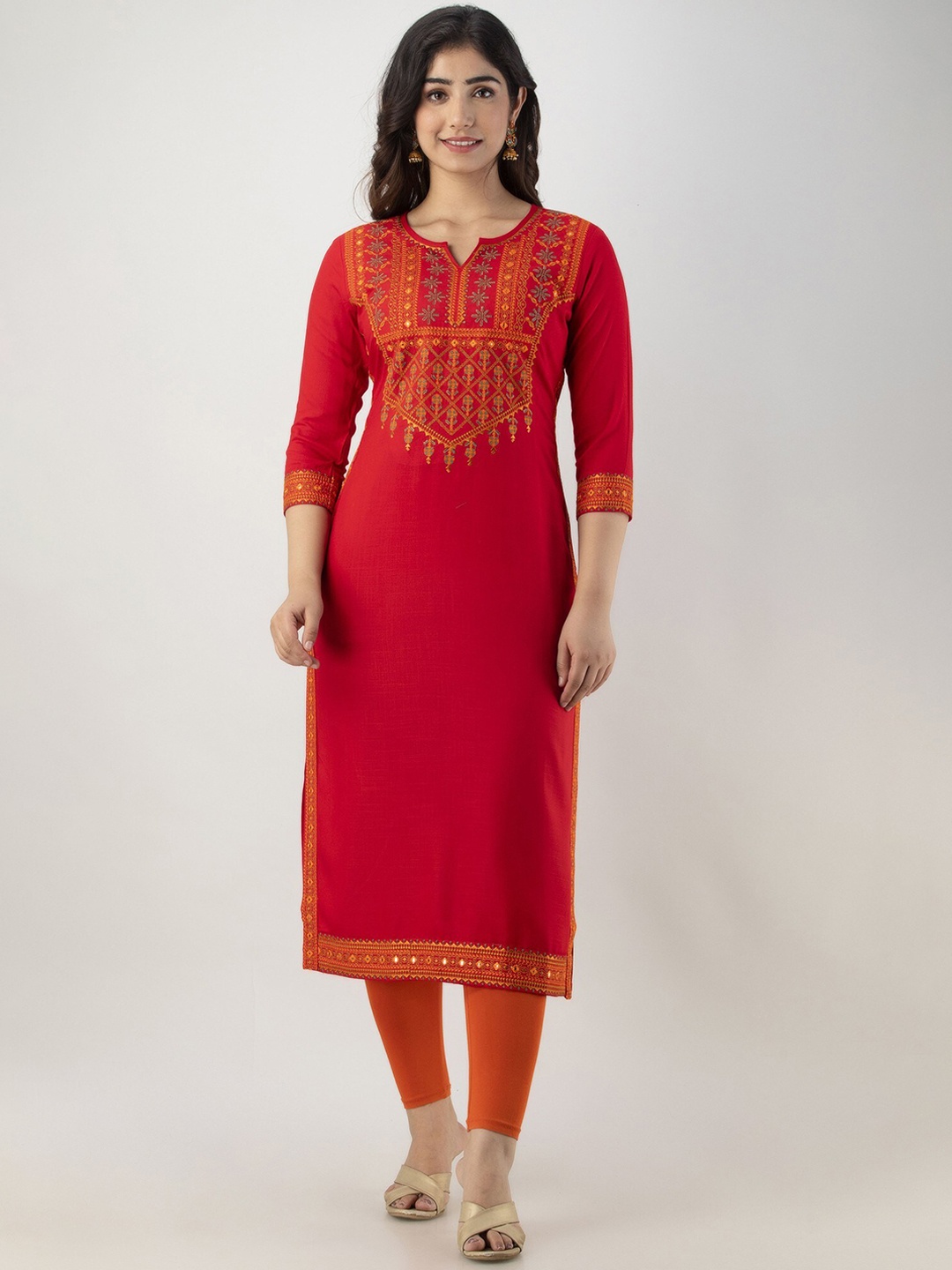 

FASHION DEPTH Ethnic Motifs Embroidered Notched Neck Mirror Work Kurta, Red