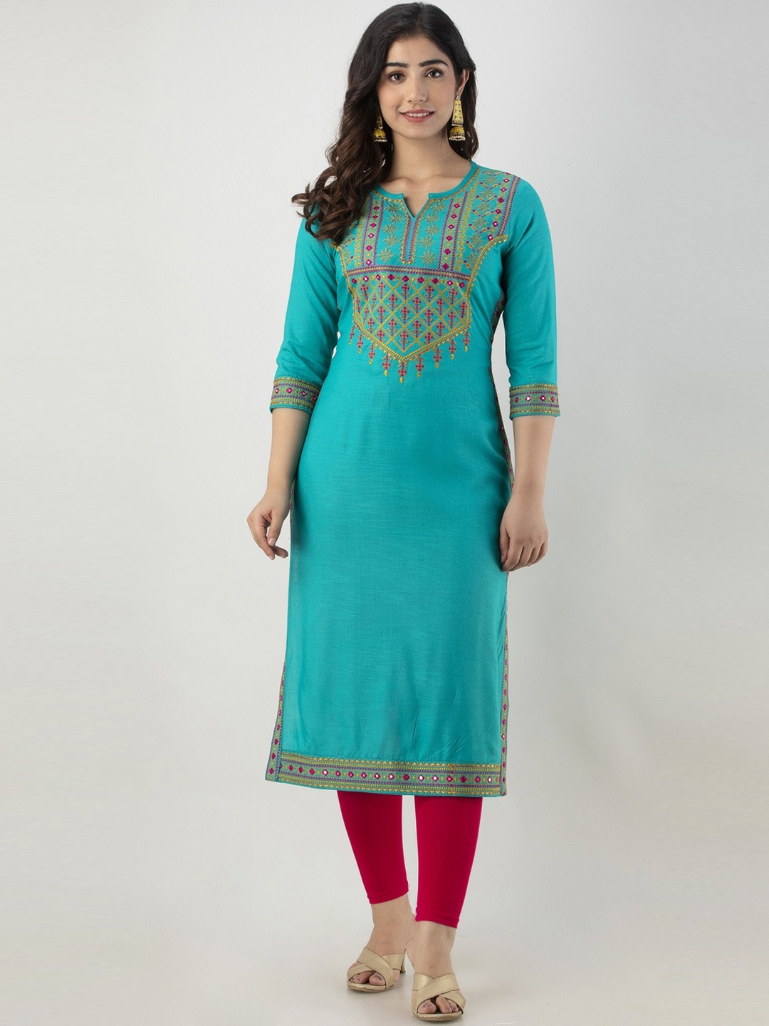 

FASHION DEPTH Notched Neck Ethnic Motifs Embroidered Mirror Work Kurta, Teal