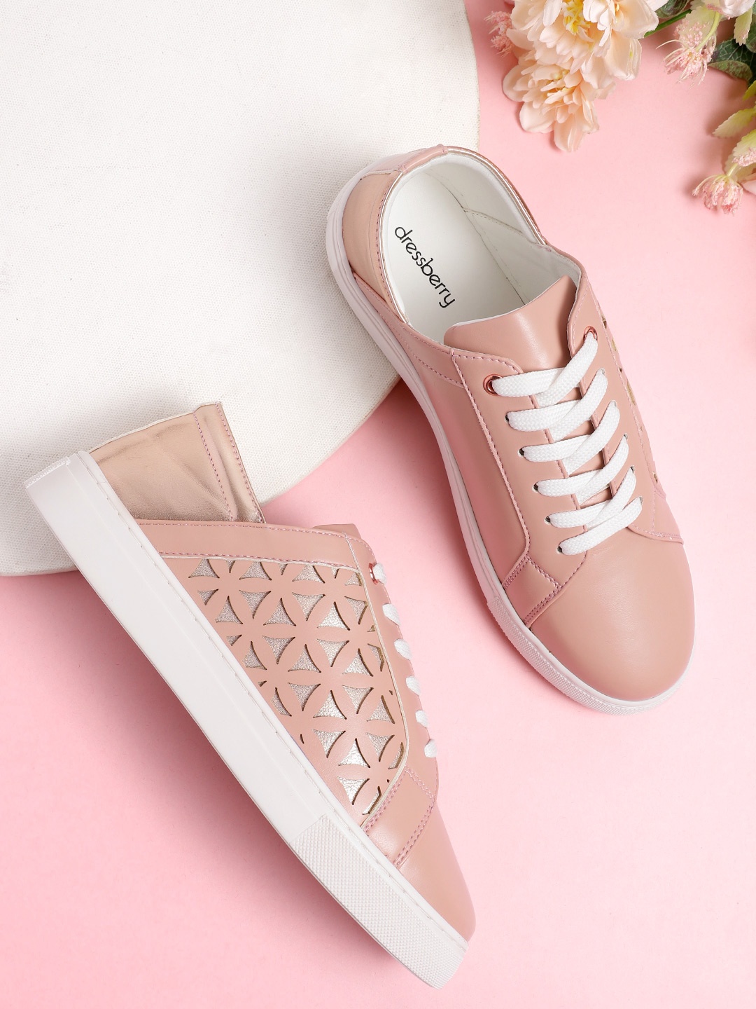 

DressBerry Women Geometric Laser Cut Sneakers, Peach