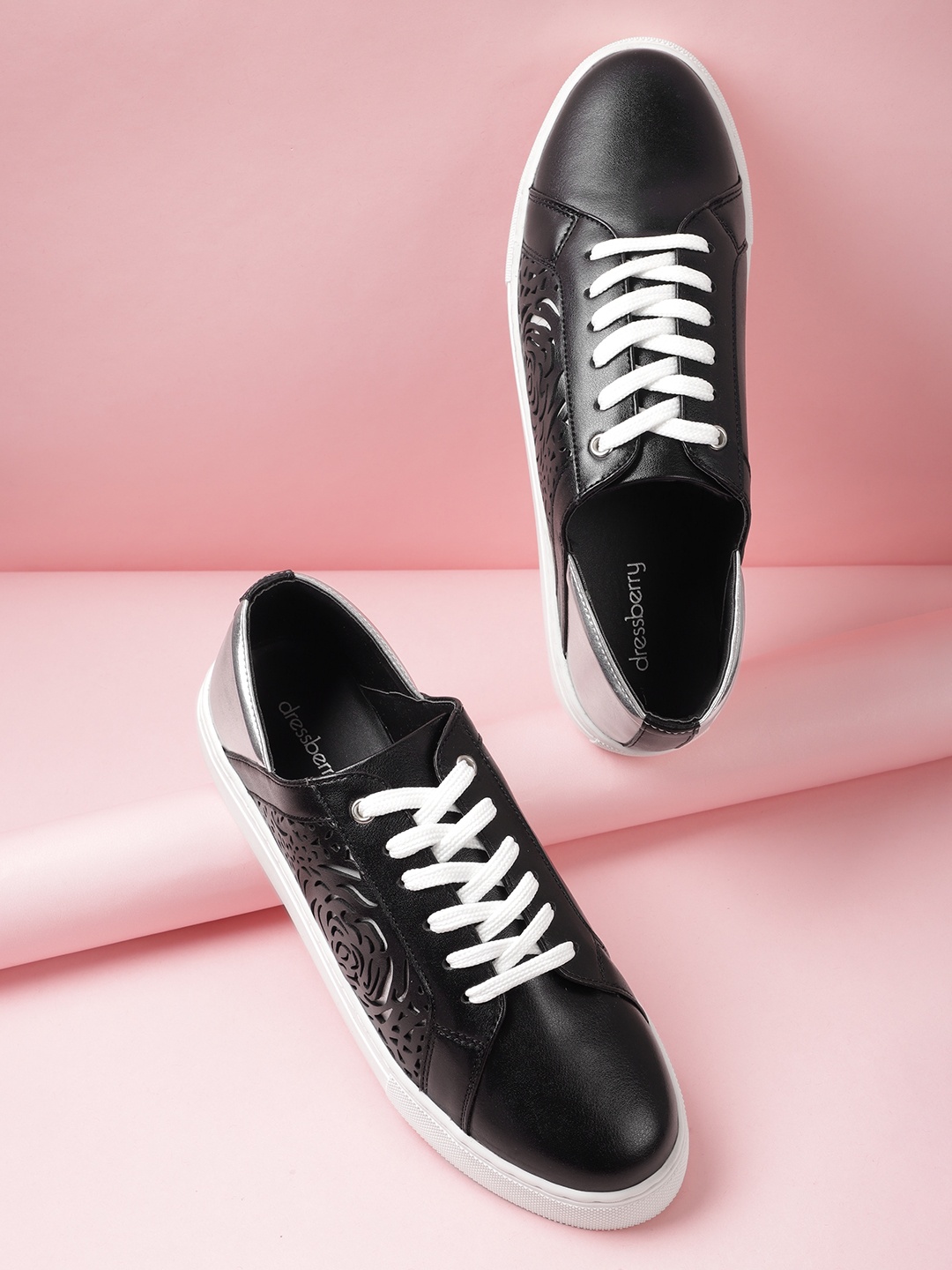 

DressBerry Women Floral Laser Cut Sneakers, Black
