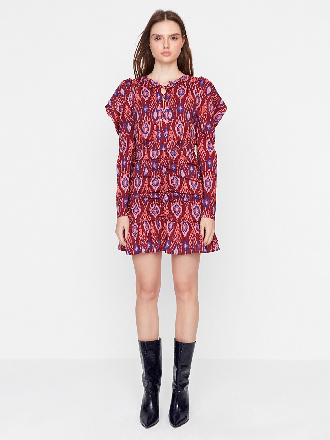 

Trendyol Ethnic Motifs Printed Tie-Up Neck Sheath Dress, Maroon