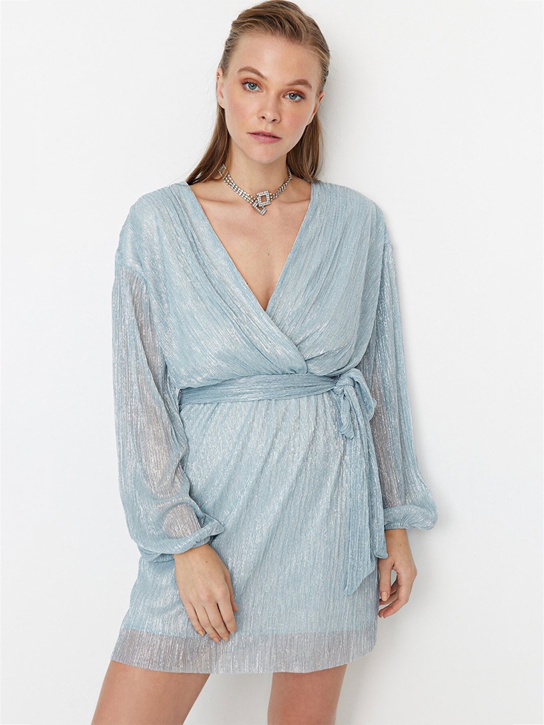 

Trendyol V-Neck Striped Wrap Dress, Blue