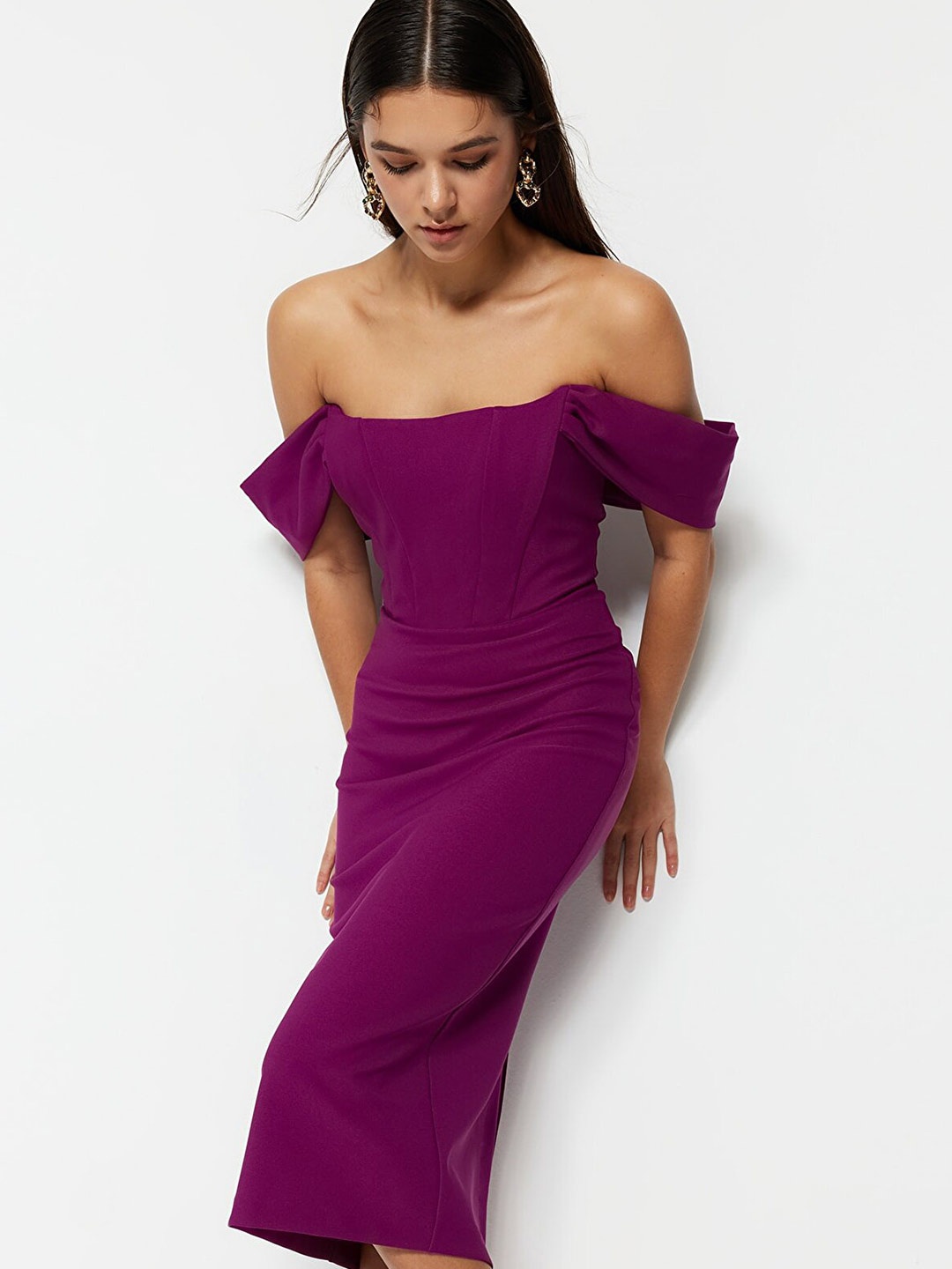 

Trendyol Off-Shoulder Sheath Midi Dress, Purple