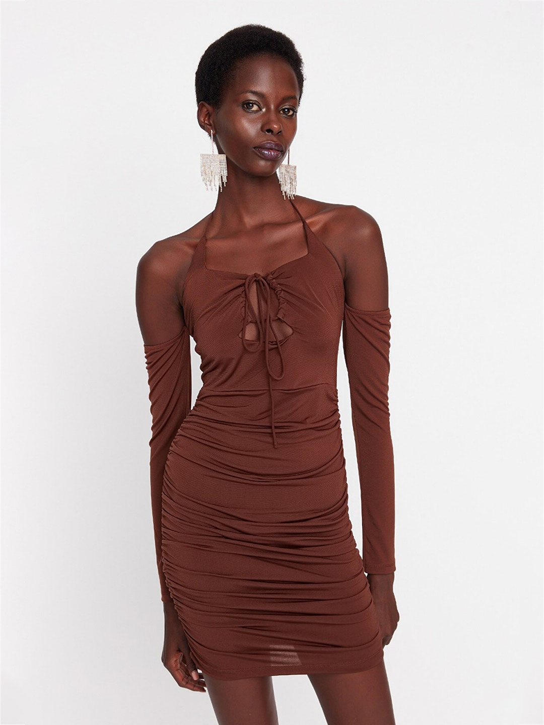 

Trendyol Tie-Up Neck Bodycon Dress, Brown