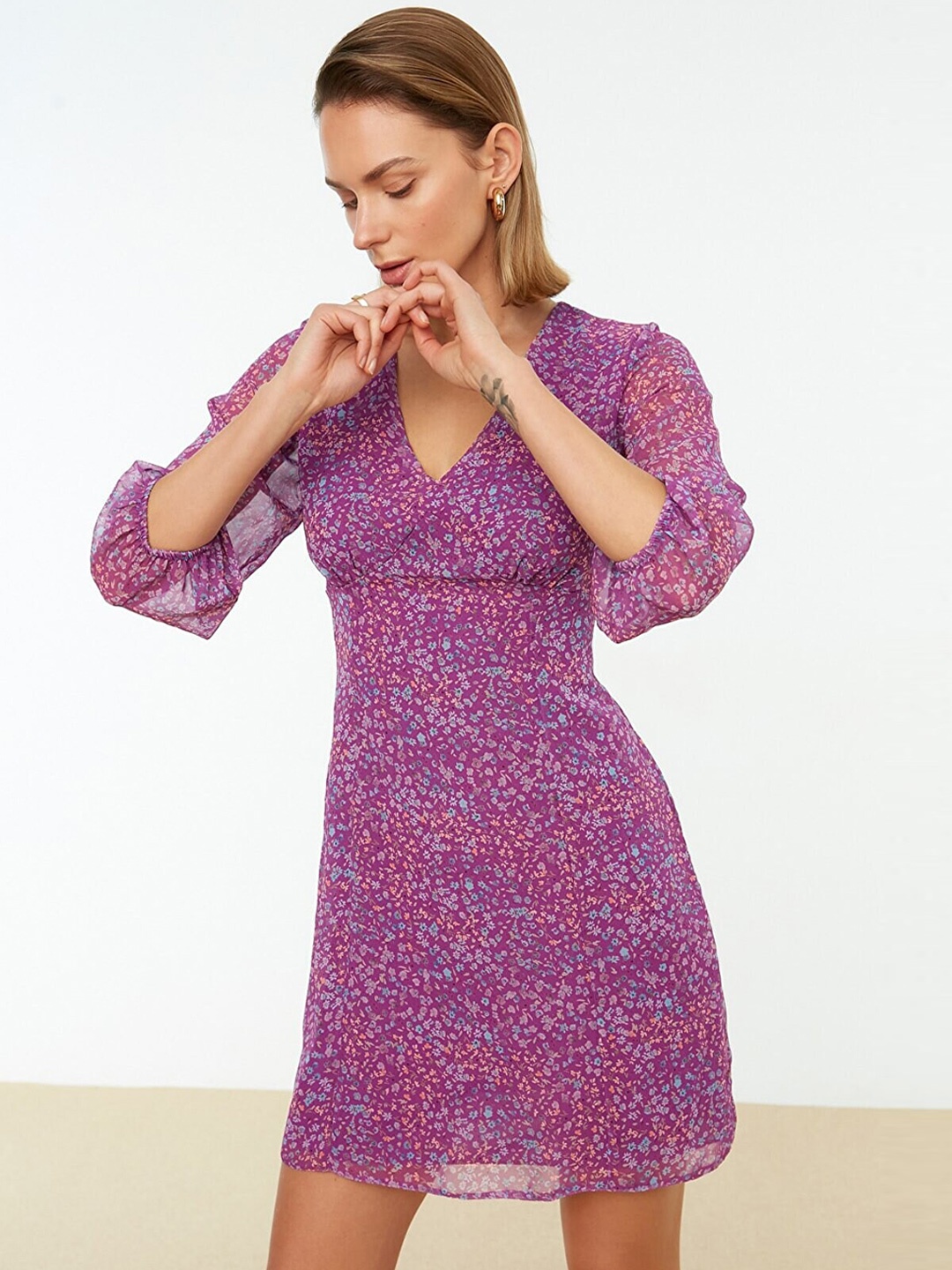 

Trendyol Floral Printed A-Line Dress, Purple