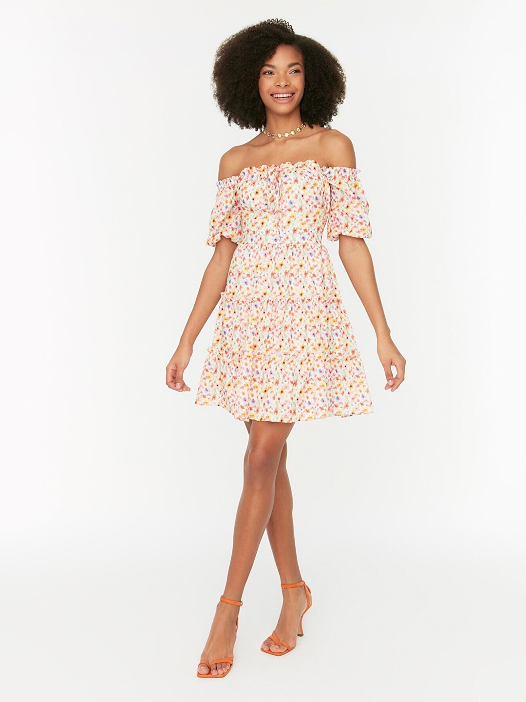 

Trendyol Floral Printed Off-Shoulder Dress, White