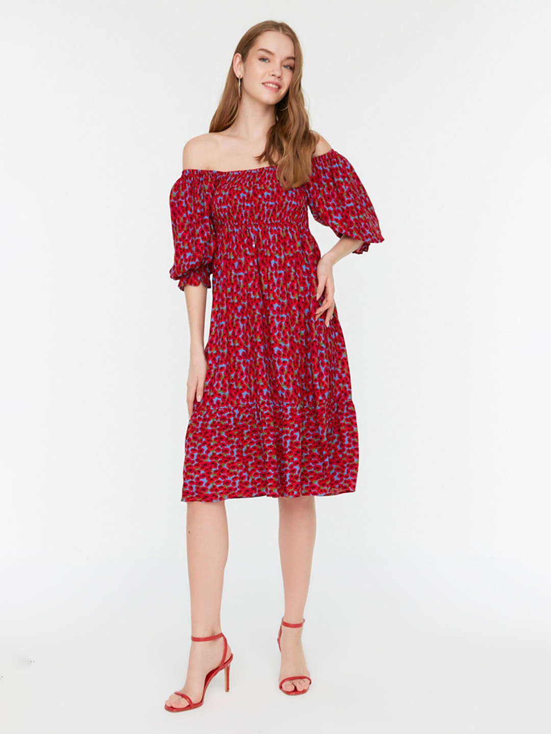 

Trendyol Floral Off-Shoulder A-Line Dress, Blue