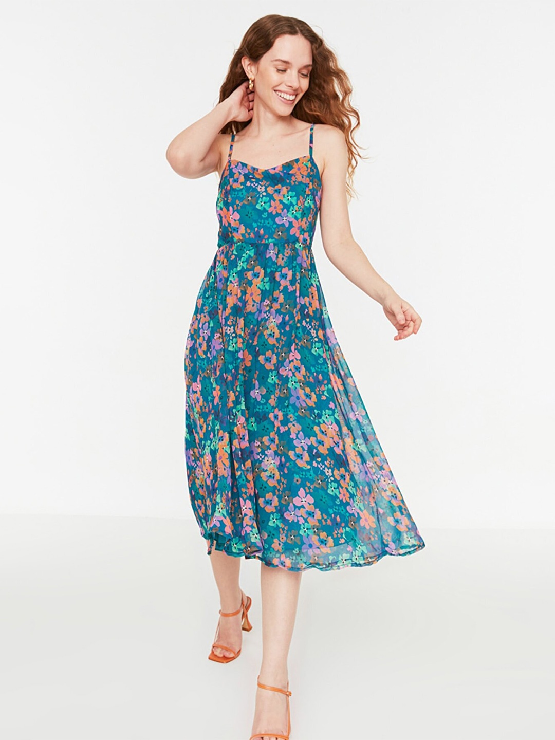 

Trendyol Floral Printed Midi Fit & Flare Dress, Turquoise blue